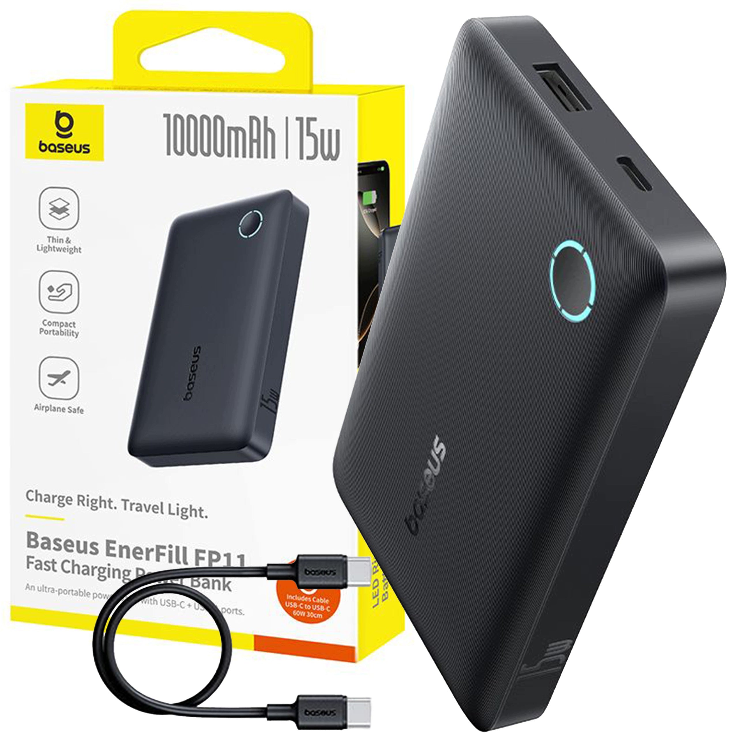 POWERBANK BASEUS 10000MAH 15W USB-C USB-A CABLE INDICATOR LED