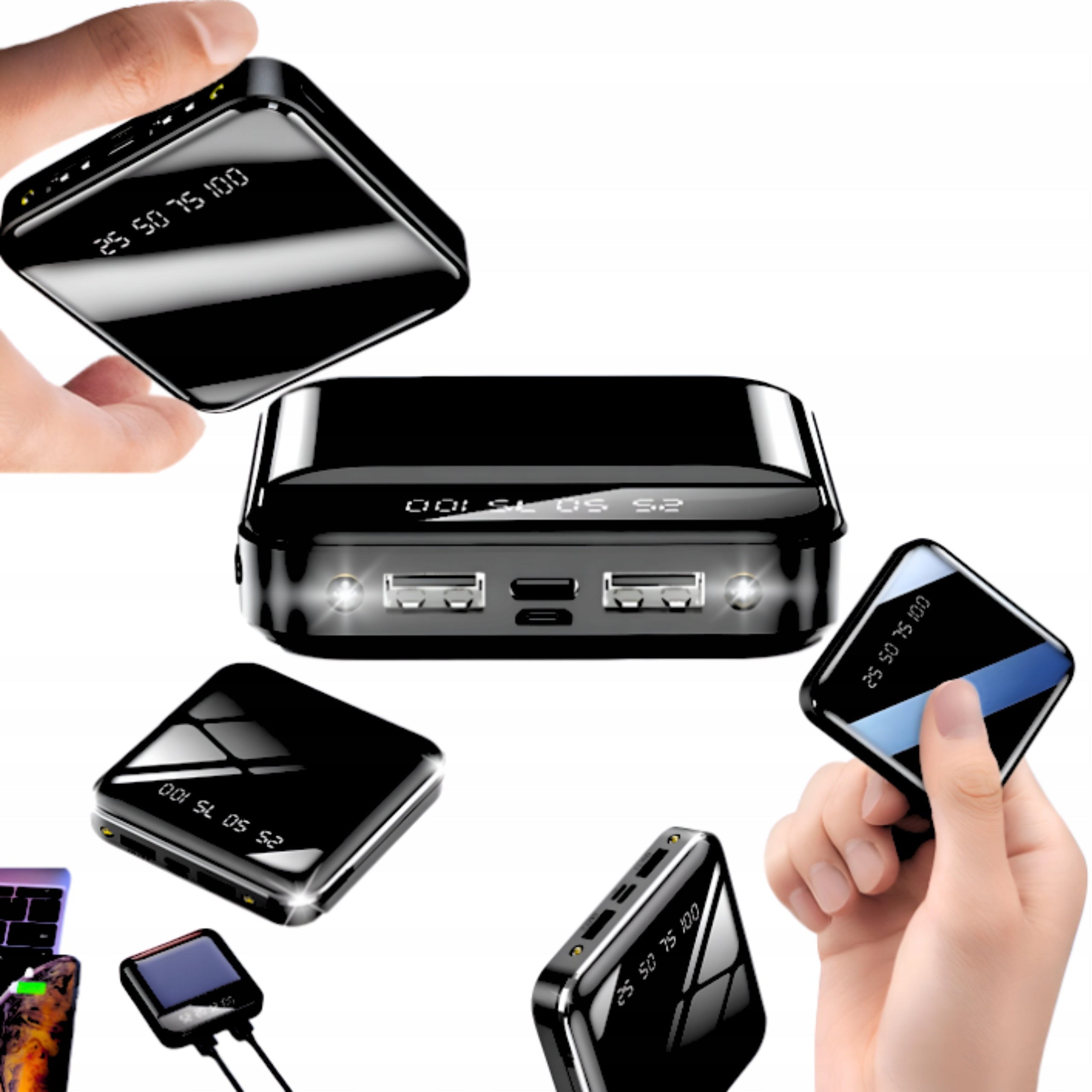 POWERBANK SMALL MINI 10000 mAh Power USB, Black Pocket with Flashlight