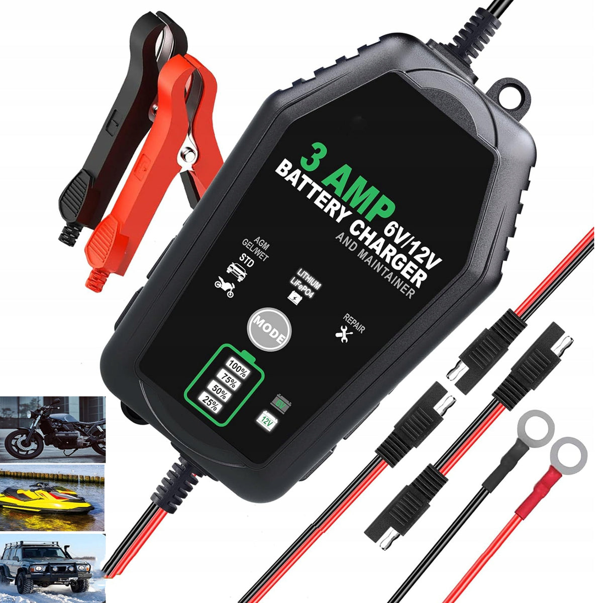 POWERFUL AUTOMATIC CAR BATTERY CHARGER WITH REPAIR FUNCTION 6V/12V LiFePO4