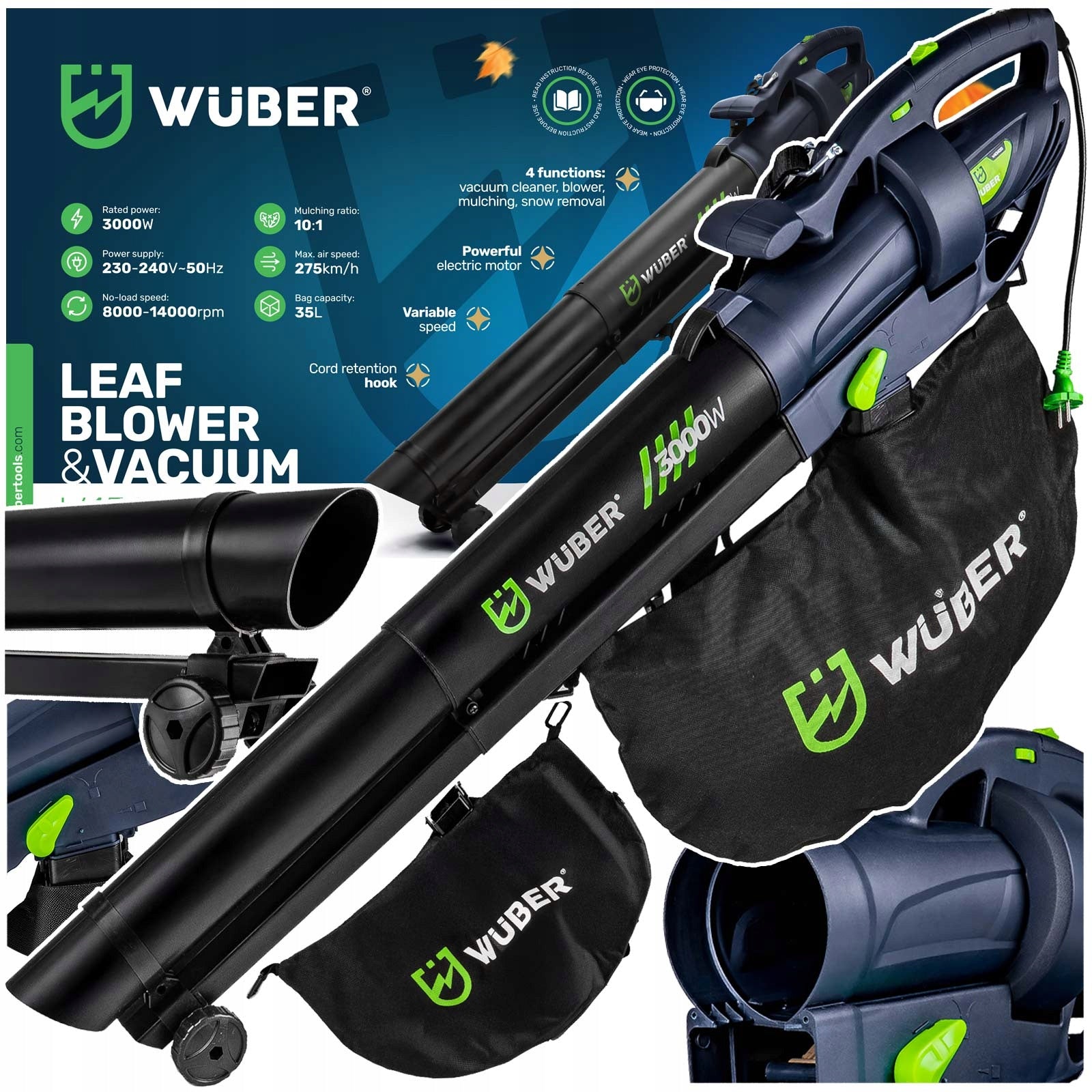 POWERFUL BLOWER ELECTRIC LEAF VACUUM CLEANER 3000W 35L WITH SHREDDER