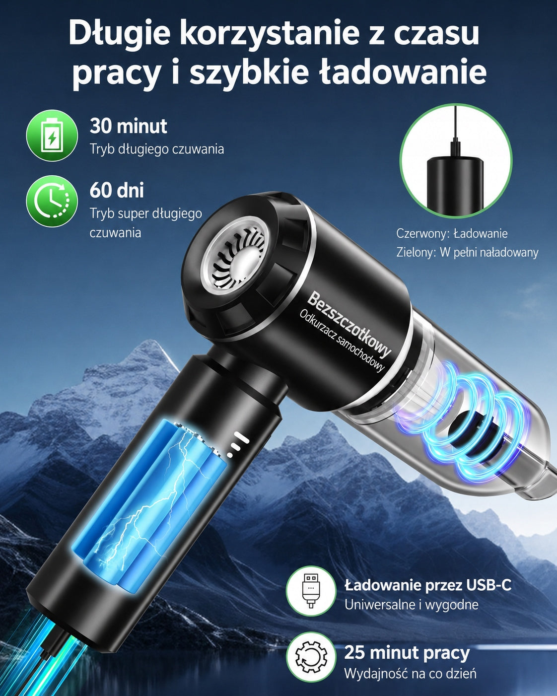 POWERFUL CAR VACUUM CLEANER CORDLESS HANDHELD 18000 PA Manufacturer code Przenośny Wydajny Odkurzacz Dmuchawa ZESTAW