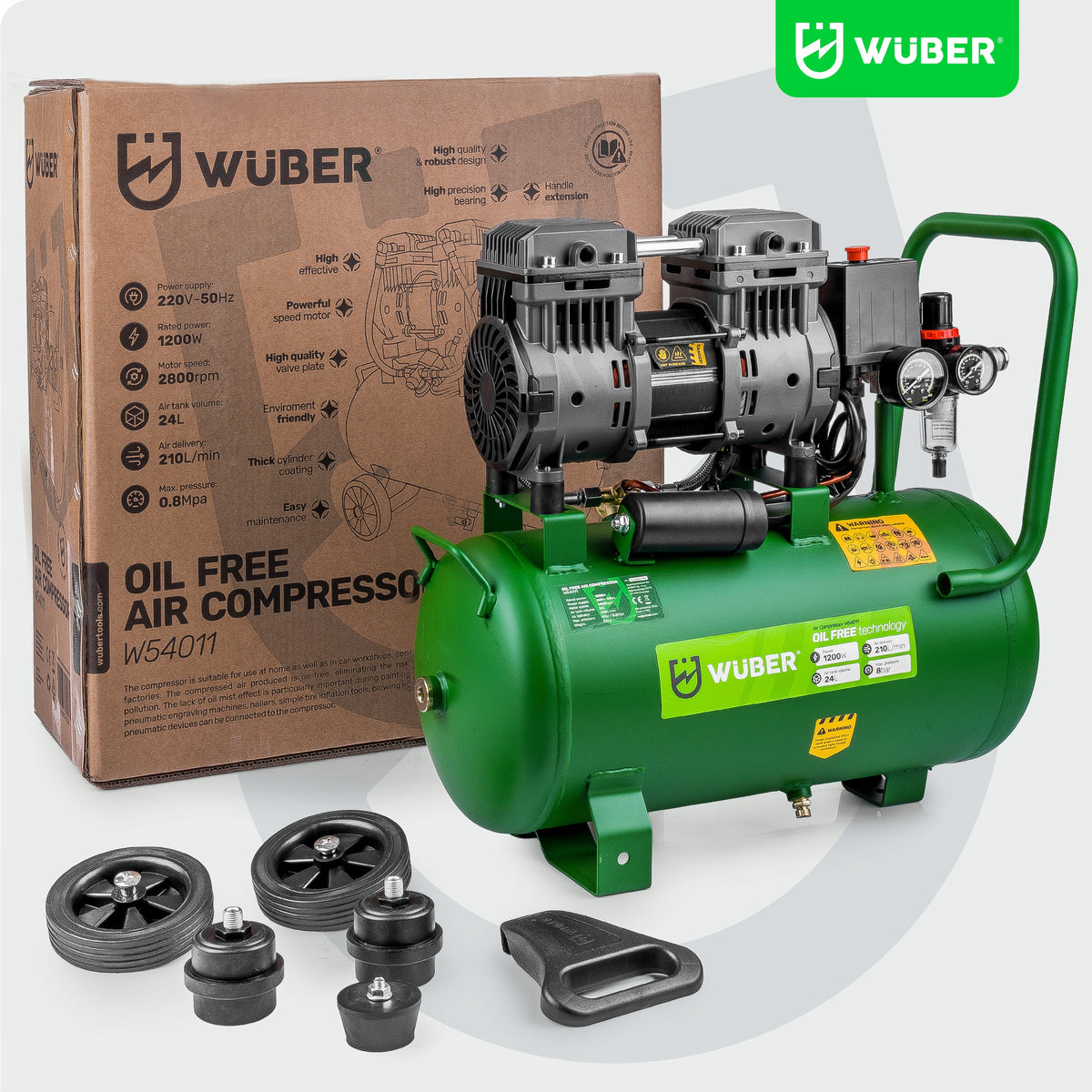 POWERFUL COMPRESSOR AIR COMPRESSOR 8 BAR 1200W TWO-PISTON OIL-FREE 24L Brand Wuber