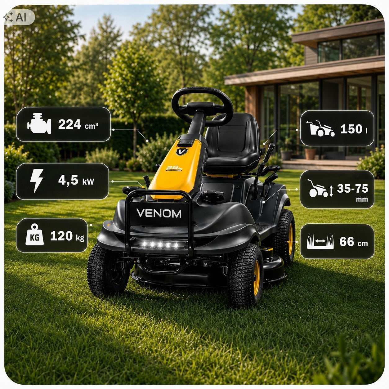 POWERFUL GARDEN TRACTOR PETROL MOWER VENOM TENZA PRO 66CM LARGE RIDER Manufacturer code Mocny Traktor Ogrodowy VENOM TENZA 224E RIDER