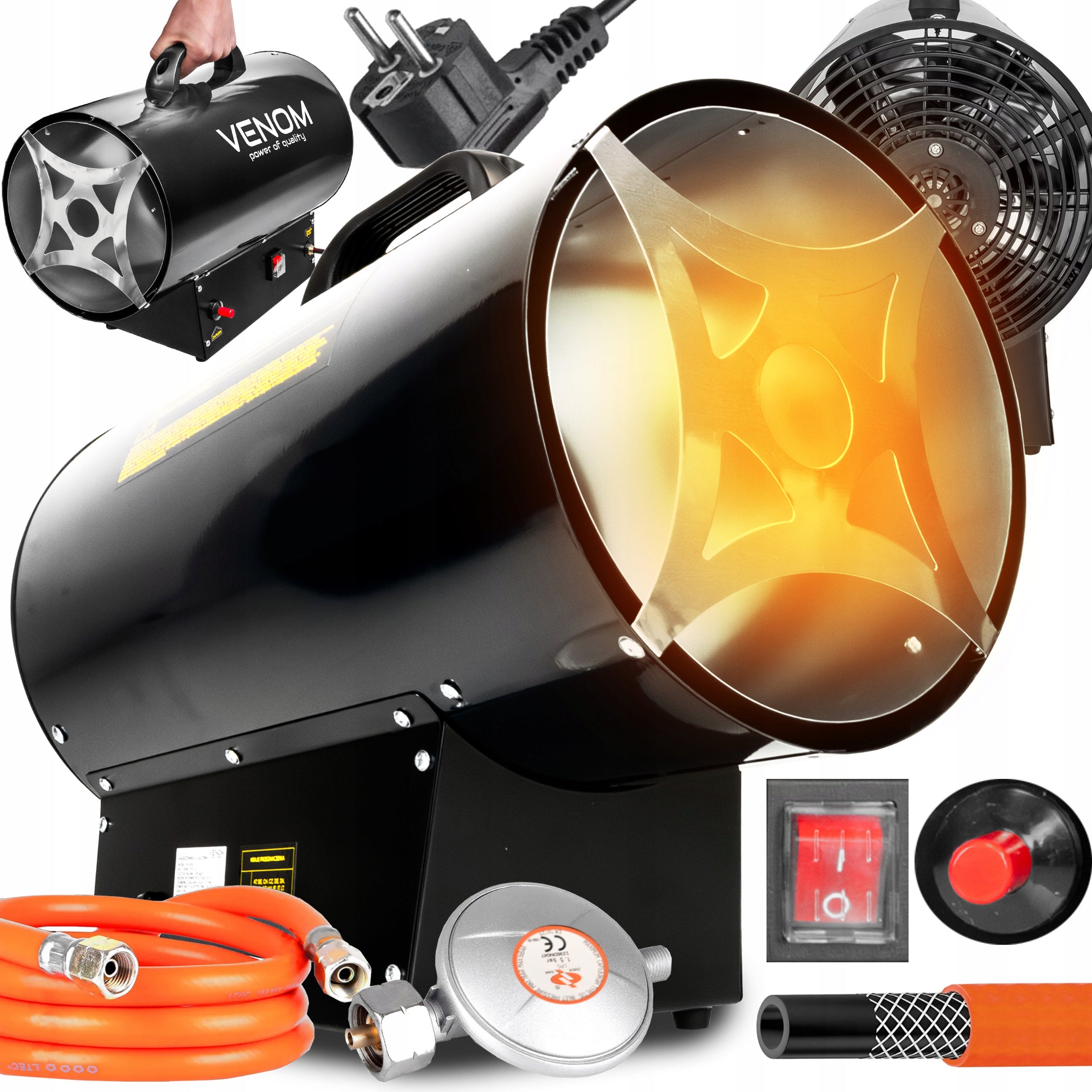 POWERFUL GAS HEATER BLOWER 50kW FOR CYLINDER HEATER HOSE 150CM REDUCER