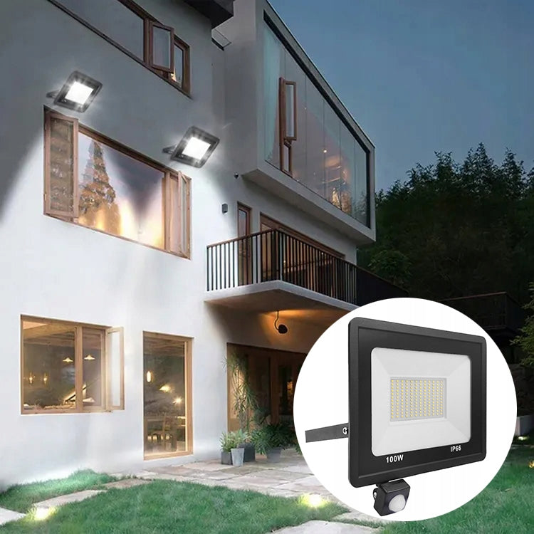 POWERFUL HALOGEN LED 100W FLOODLIGHT WITH DUSK MOTION SENSOR 9000lm SLIM Color black