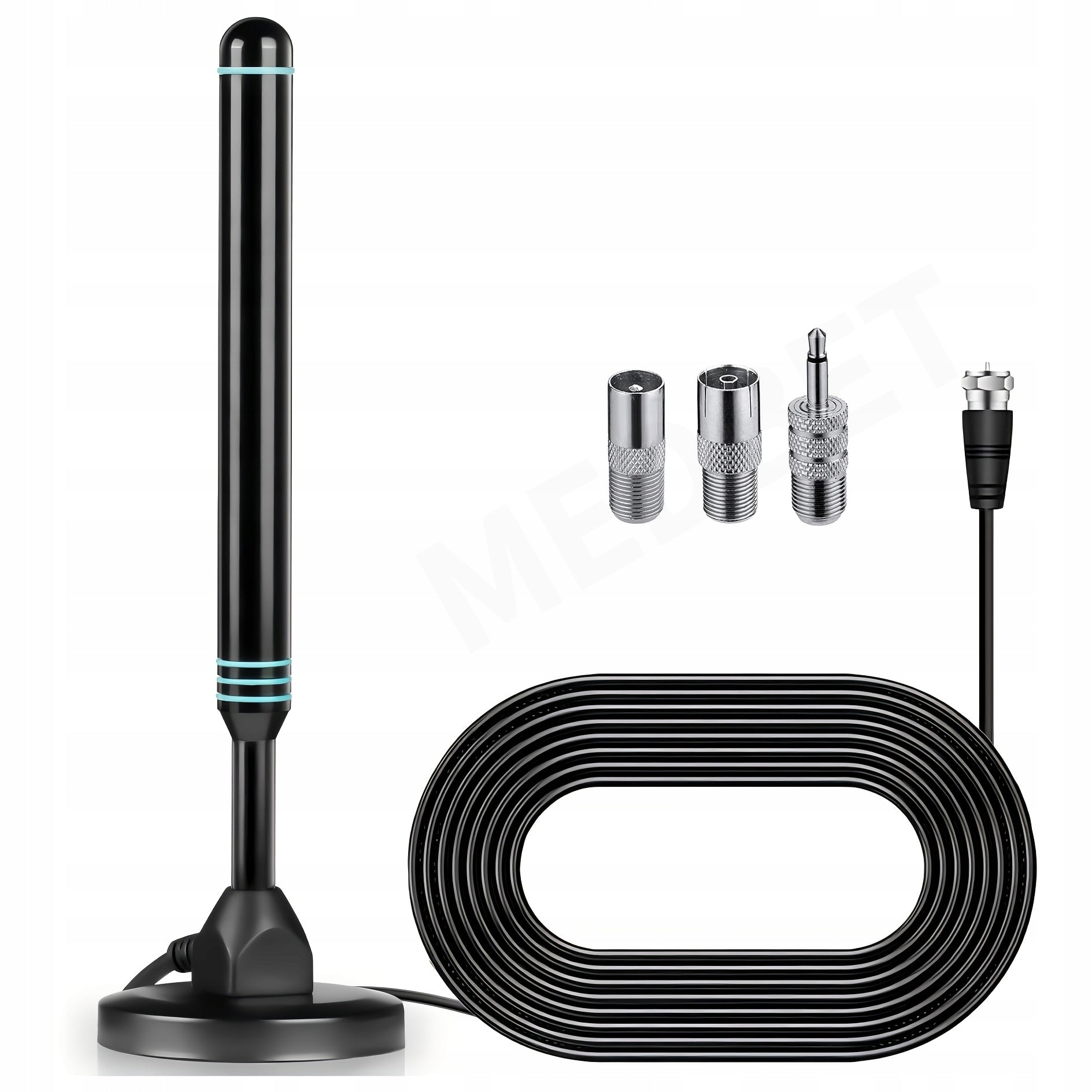 POWERFUL METAL FM ANTENNA WITH AMPLIFIER +4x VARIOUS PLUGS FOR TOWER RADIO ETC Packaging status original