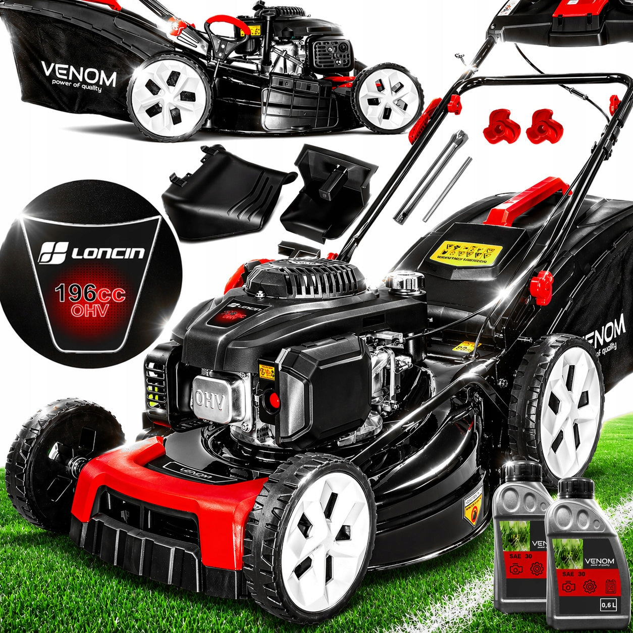 POWERFUL PETROL MOWER WITH DRIVE 53CM ENGINE LONCIN 196CC NEW MODEL 9IN1