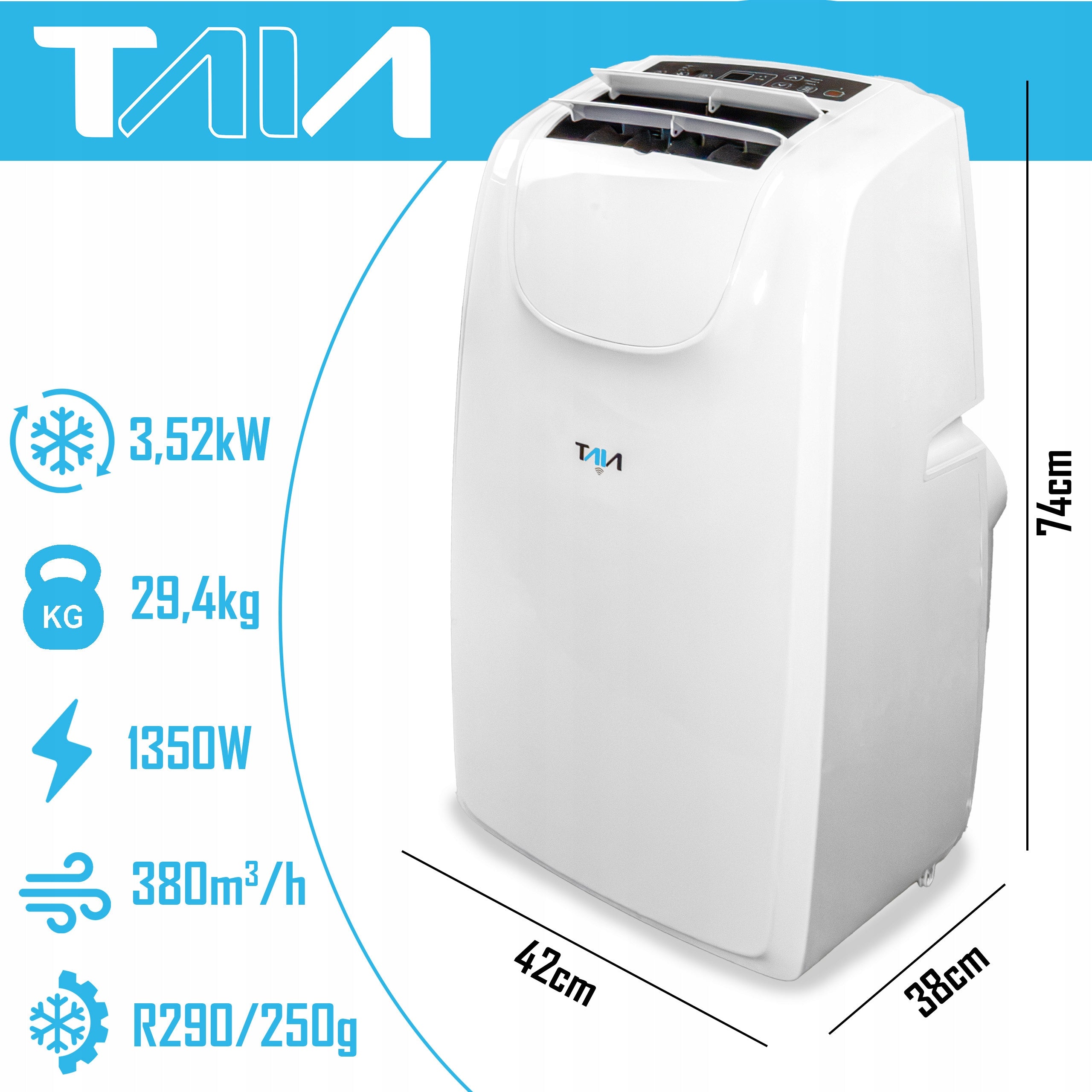 POWERFUL PORTABLE AIR CONDITIONER WIFI 3,52 kW DEHUMIDIFIER 58 l/h 9IN1 +SEAL Brand TAIA