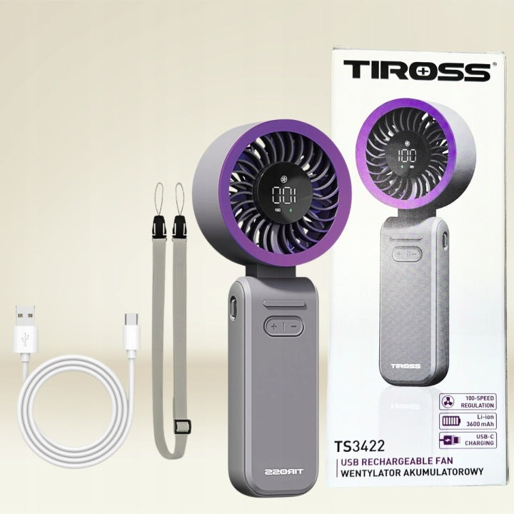 POWERFUL PORTABLE FAN FOLDING HANDHELD Fan USB-C LCD RECHARGEABLE Manufacturer code MOCNY WENTYLATOR PRZENOŚNY SKŁADANY TS3422