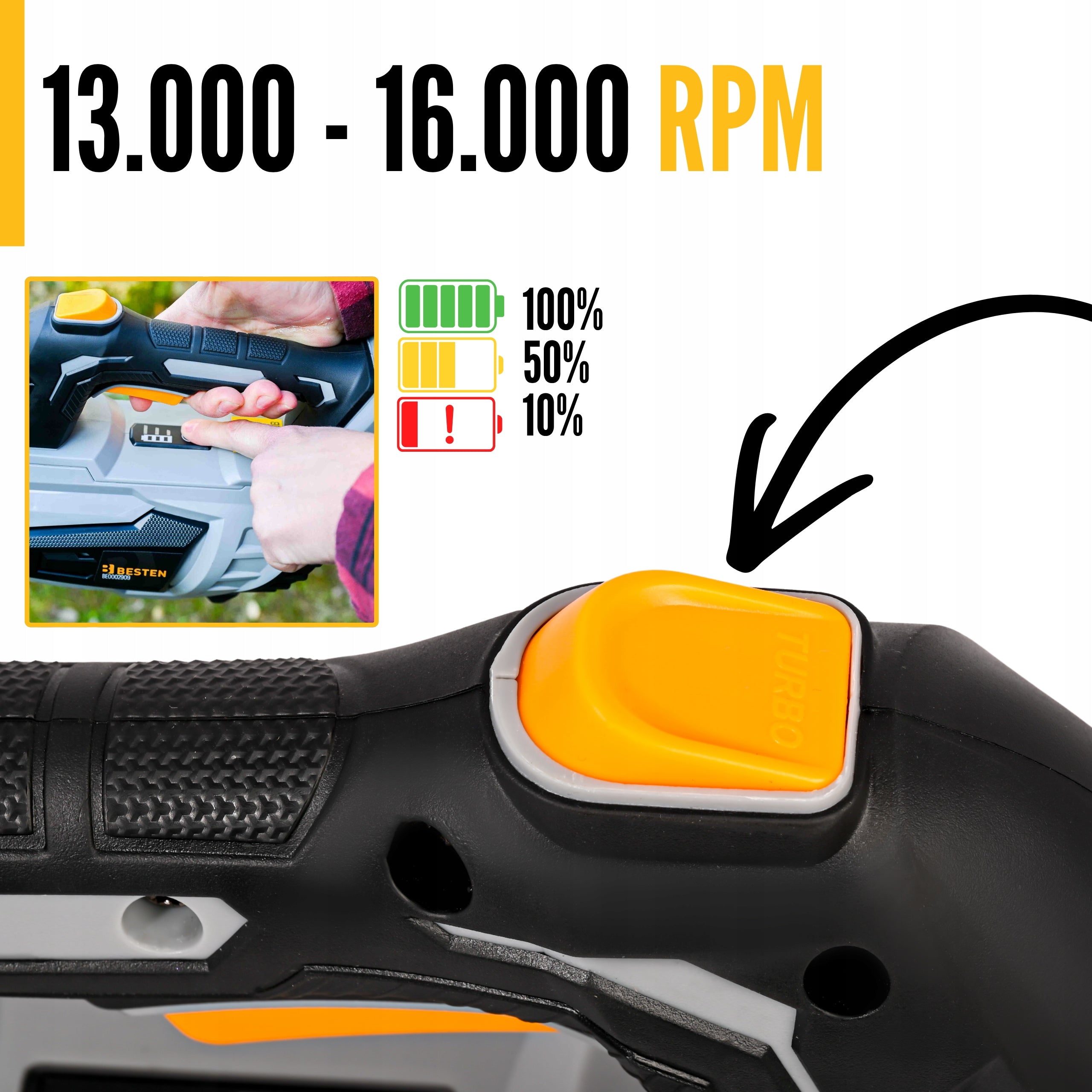 POWERFUL TURBO CORDLESS BLOWER FOR GARDEN LEAVES 4.0Ah 161km/h BESTEN Tool weight 2 kg