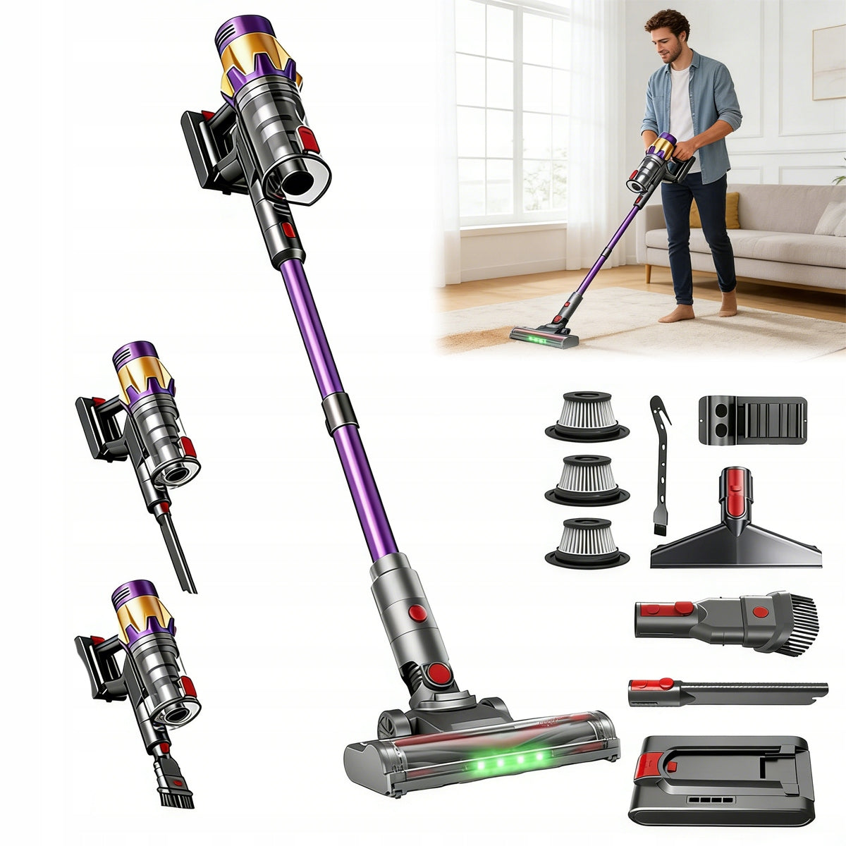 POWERFUL UPRIGHT LED VACUUM CLEANER WIRELESS HIGH-EFFICIENCY FILTRATION