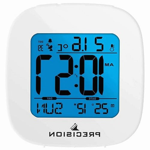 PRECISION ALARM CLOCK WHITE WITH LCD BACKLIGHT DATE DAY ALARM FOR HOME