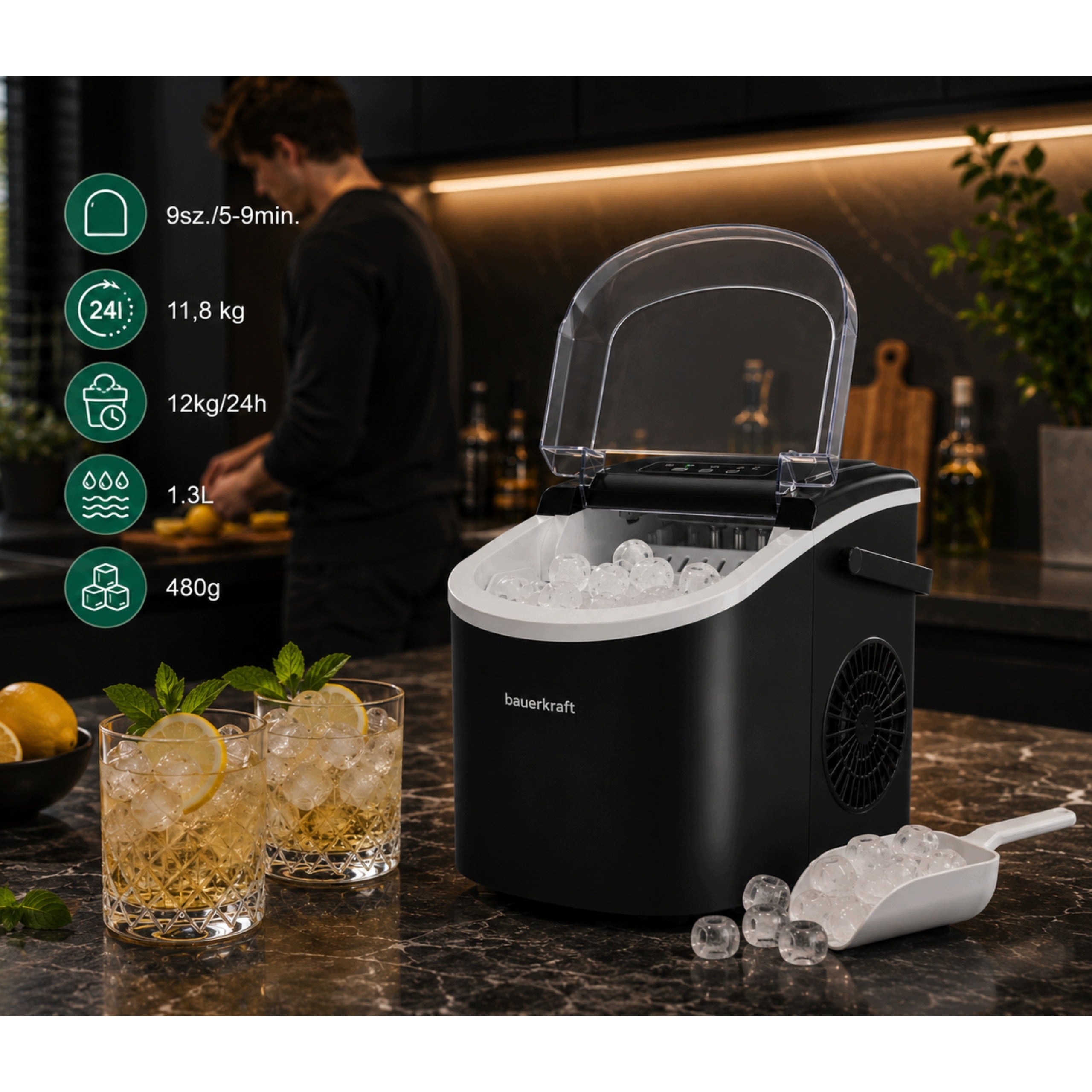 PREMIUM ICE MAKER 90W 12KG 1,3L SET ICE SPOON ICE BASKET Brand Kraft&Dele