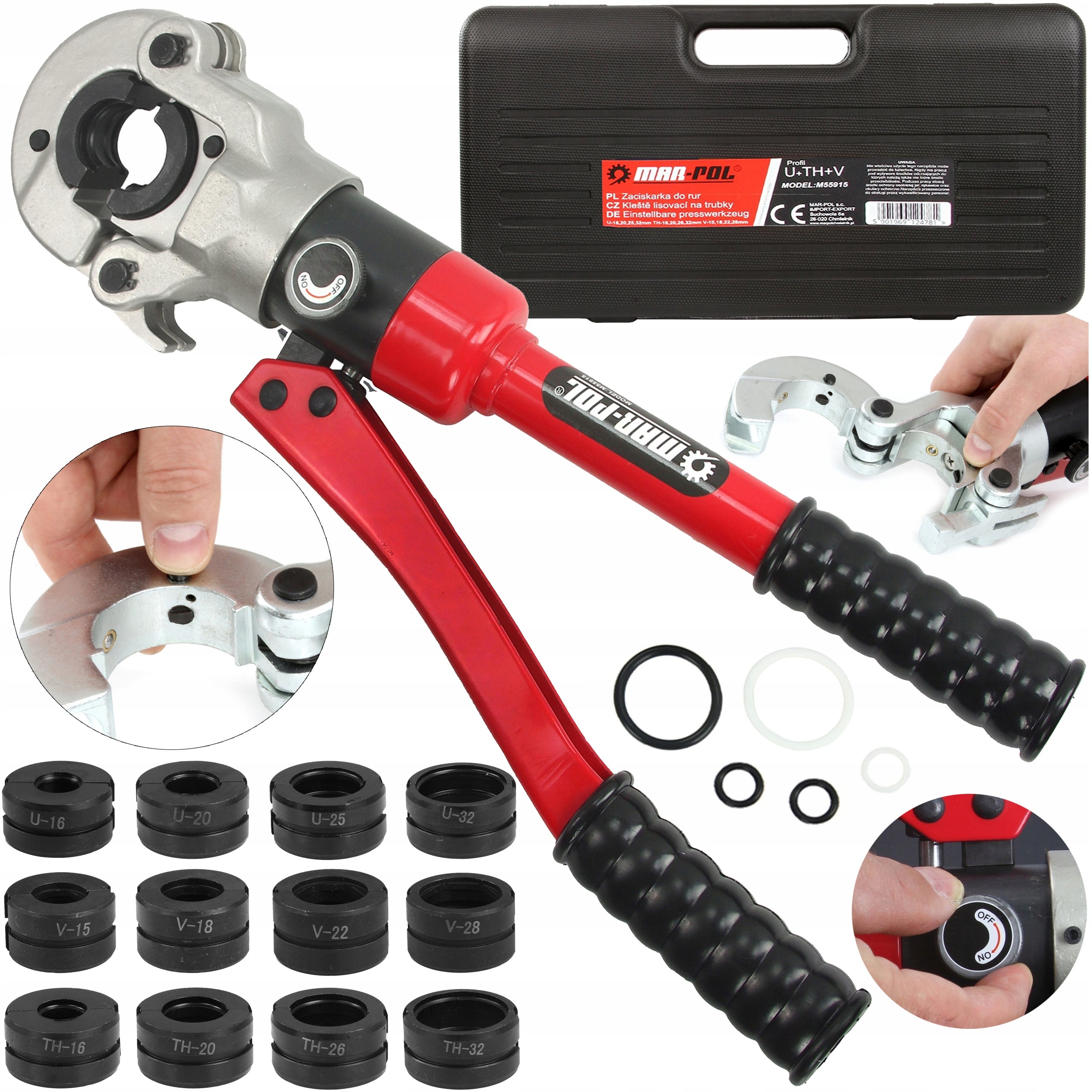 PRESS CRIMPING MACHINE FOR PEX PIPES HYDRAULIC DIES V+U+TH 15-32MM + SUITCASE