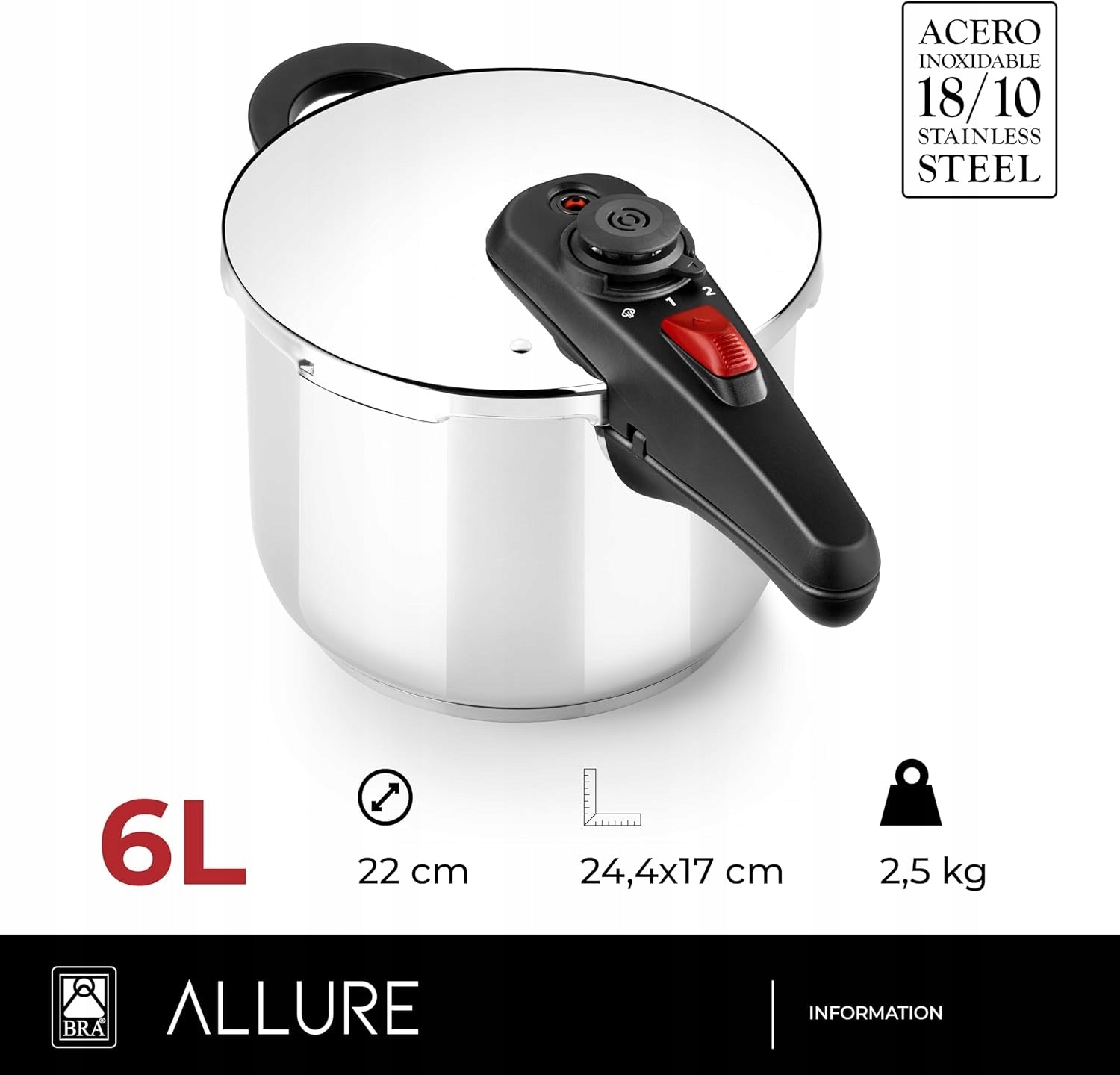 PRESSURE COOKER 6 L 18/10 STAINLESS STEEL FOR INDUCTION 2 COOKING LEVELS Manufacturer code 5902912643144