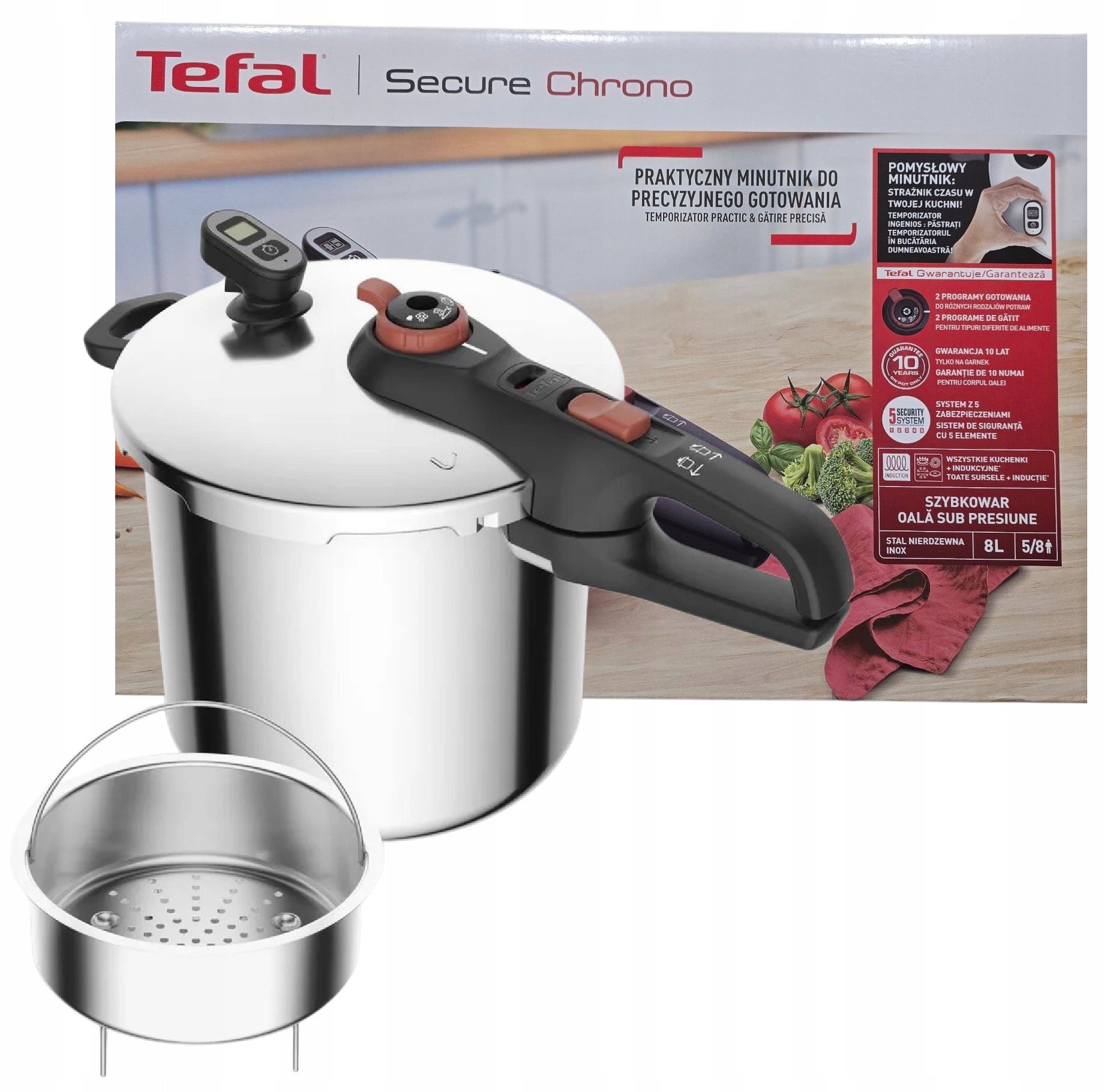 PRESSURE COOKER TEFAL SECURE CHRONO NEO CLOCK BASKET P2594401 LARGE 8L INDUCTION
