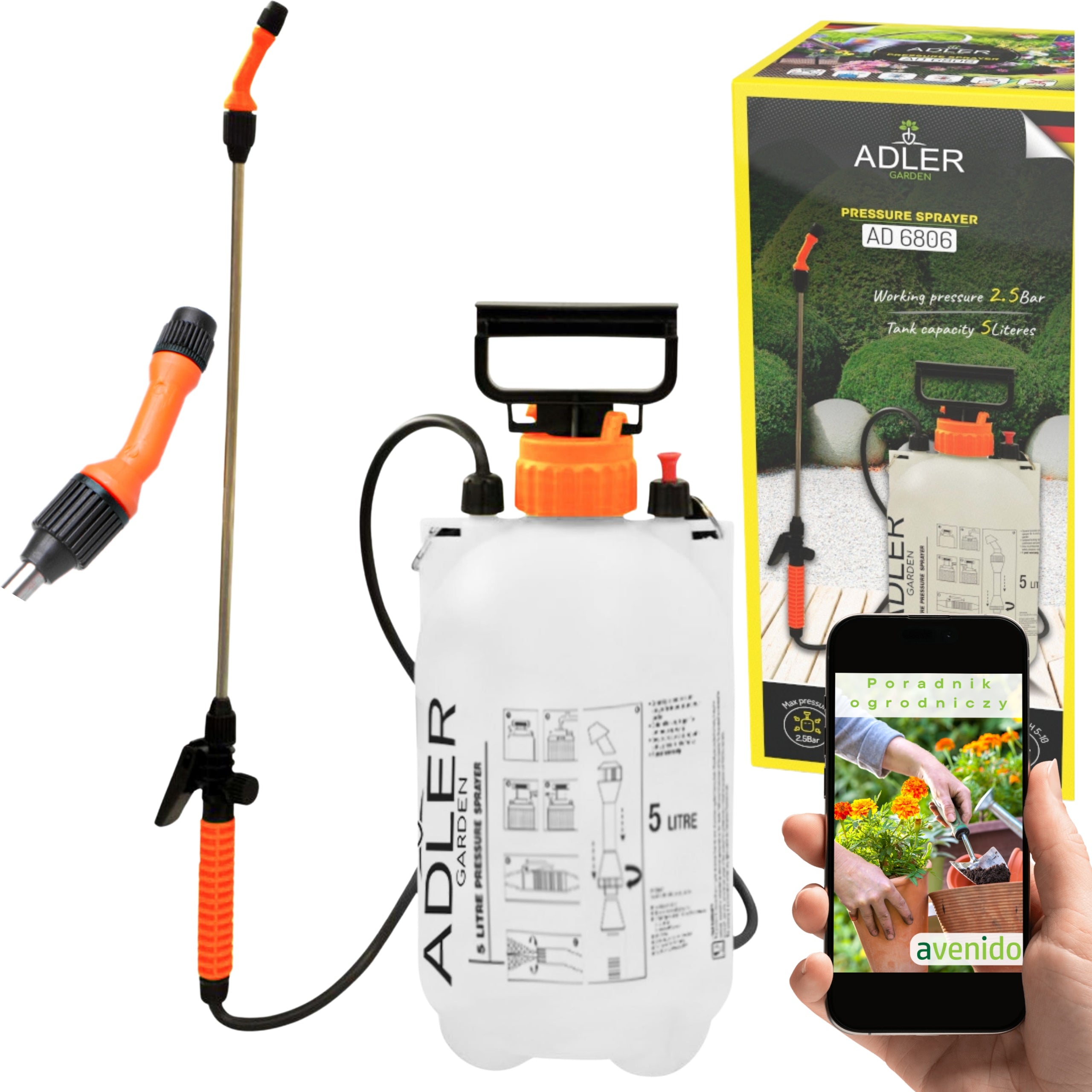 PRESSURE HAND SPRAYER ADJUSTABLE 5L LONG LANCE 43cm HOSE 130cm