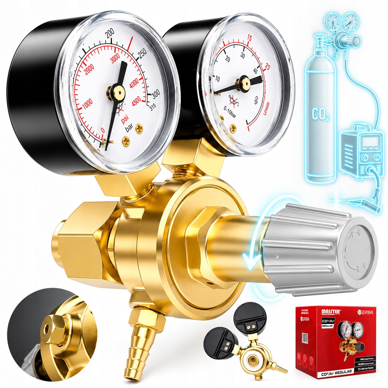PRESSURE REDUCER 2 VALVES CO2 ARGON 230 BAR PRESSURE 0,5 - 10 FOR CYLINDERS