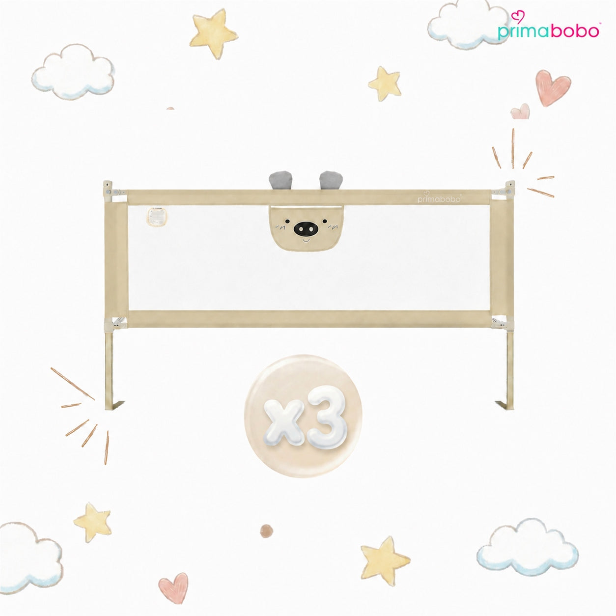 PRIMABOBO Bear Bed Rail Guard 200x160cm 3 pcs Foldable BEIGE Packaging status original