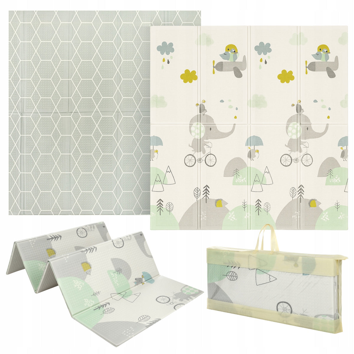 PRIMABOBO Foam Mat Double Sided Folding 150x180 for Kids Elephant Grey