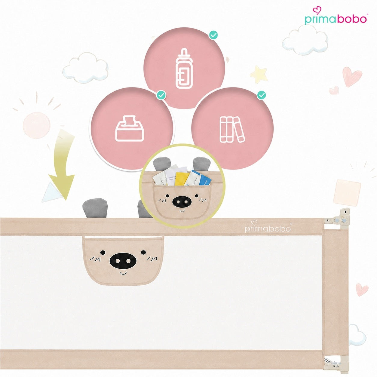 PRIMABOBO Protective barrier for bed BEAR 200cm FOLDING, for children BEIGE Packaging status original