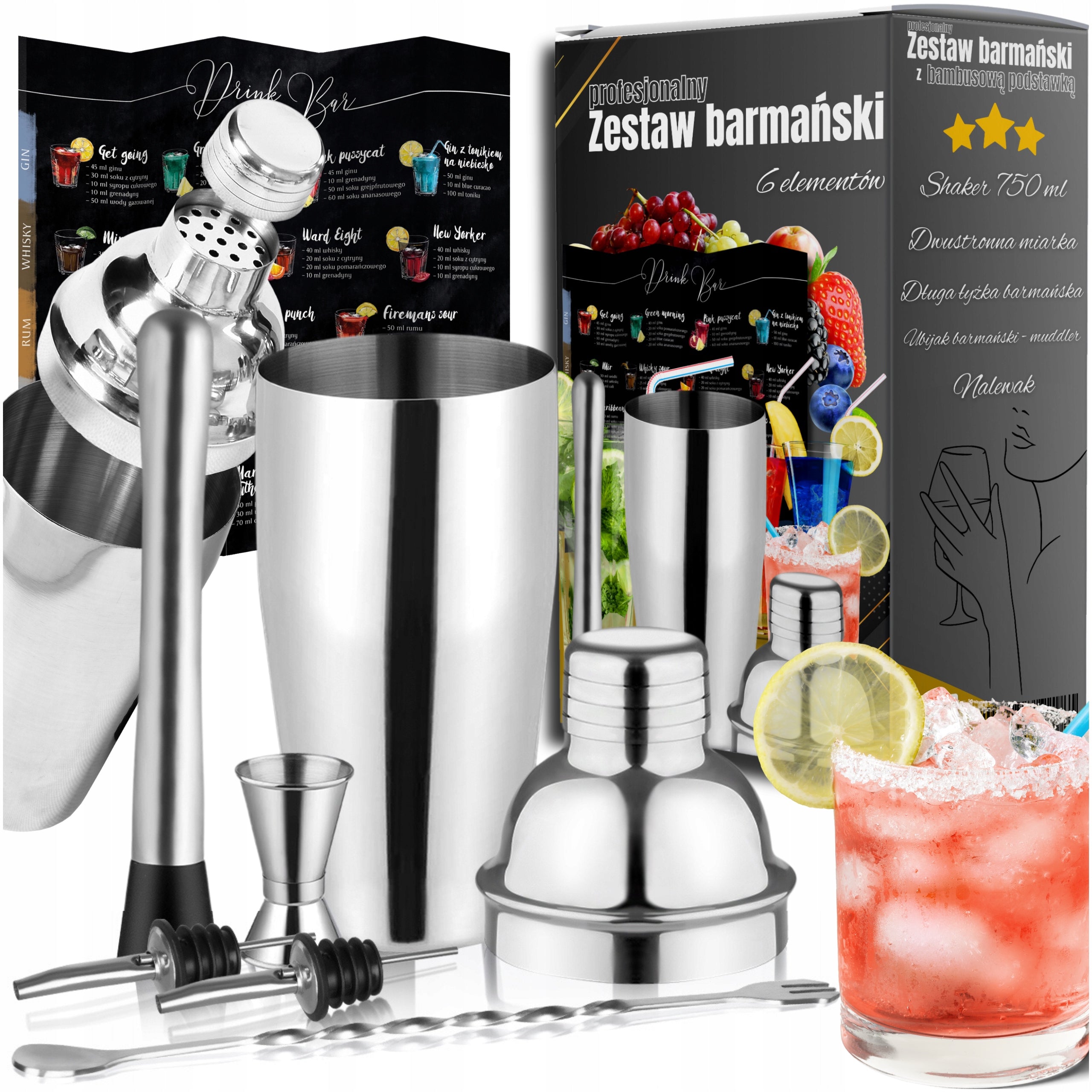PROFESSIONAL BARTENDING SET FOR DRINKS SHAKER 6 ELEMENTS + FREEBIE