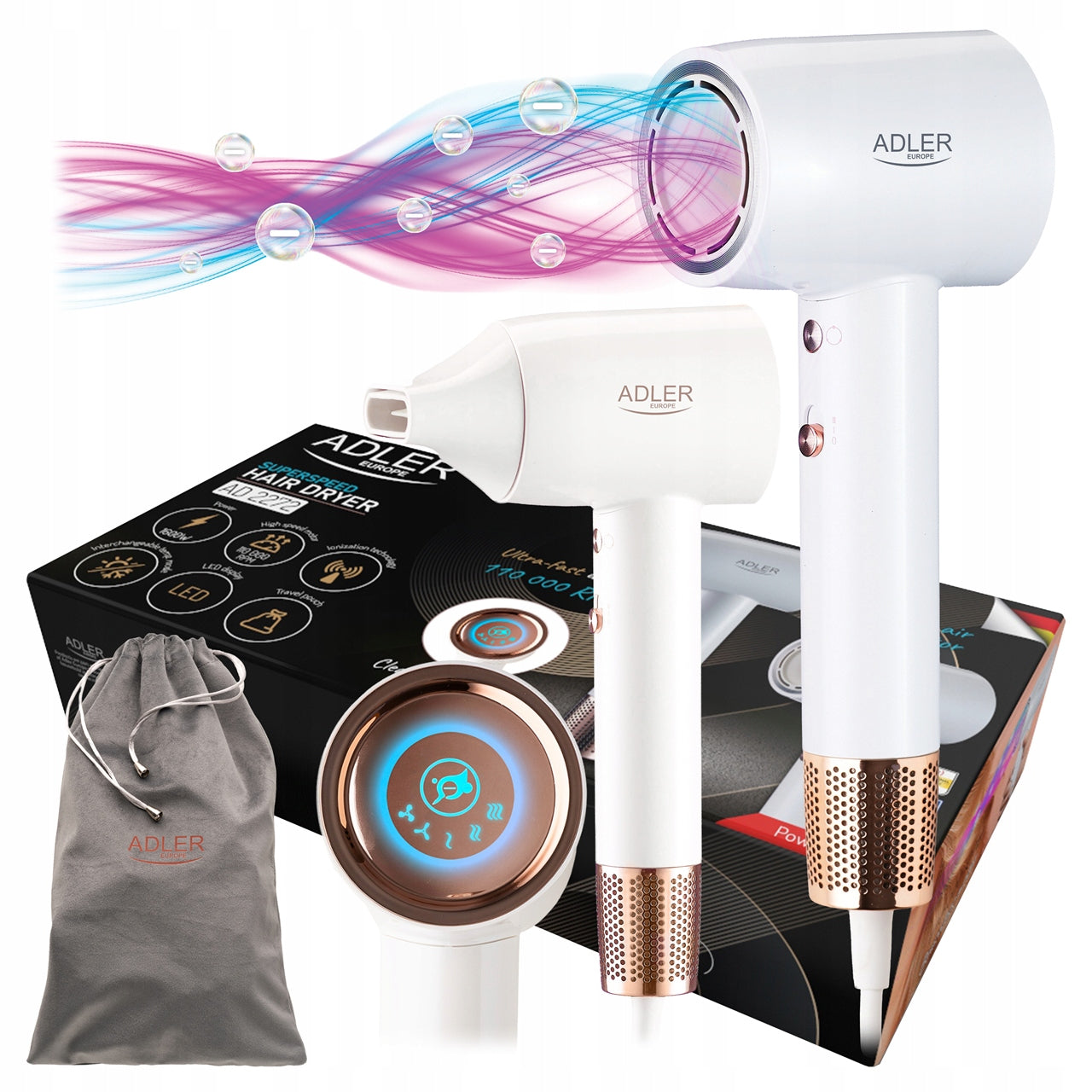 PROFESSIONAL HAIR DRYER WITH IONIZATION CONCENTRATOR STRONG 1800W LED