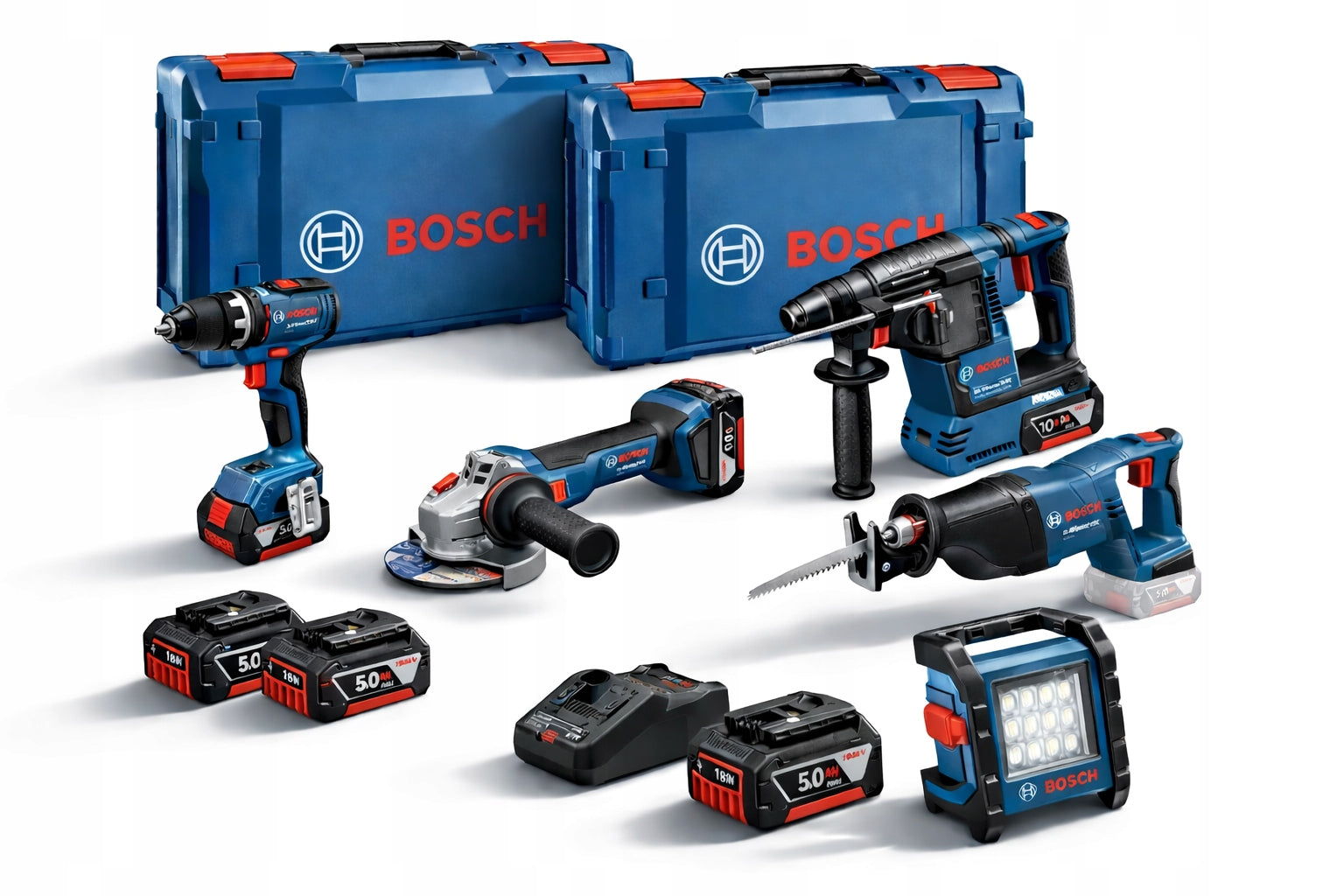 PROFESSIONAL SET OF 5 TOOLS 18V + 3xAKUM 5.0Ah CHARGE. + 2x L-BOXX BOSCH