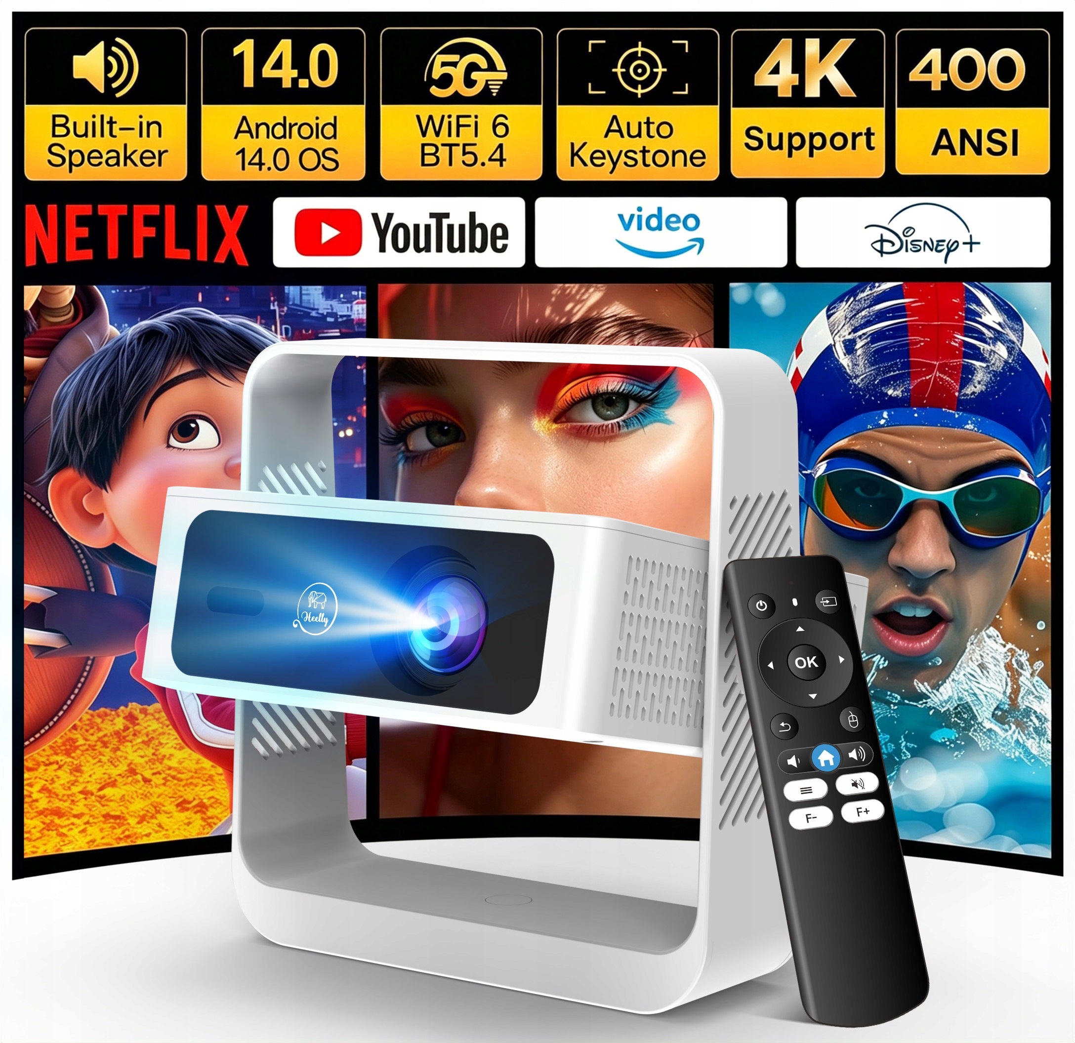 PROJECTOR 15000LM 720P WIFI ANDROID 14 SMART TV 4K AUTOFOCUS HEELLY