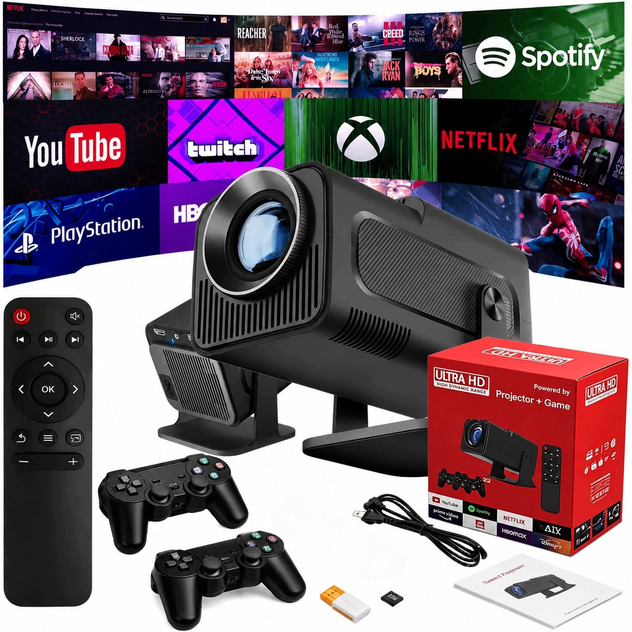 PROJECTOR 4K LED CONSOLE GAME STICK PRO ANDROID 2 PADS GAME REMOTE CONTROL WIFI USB