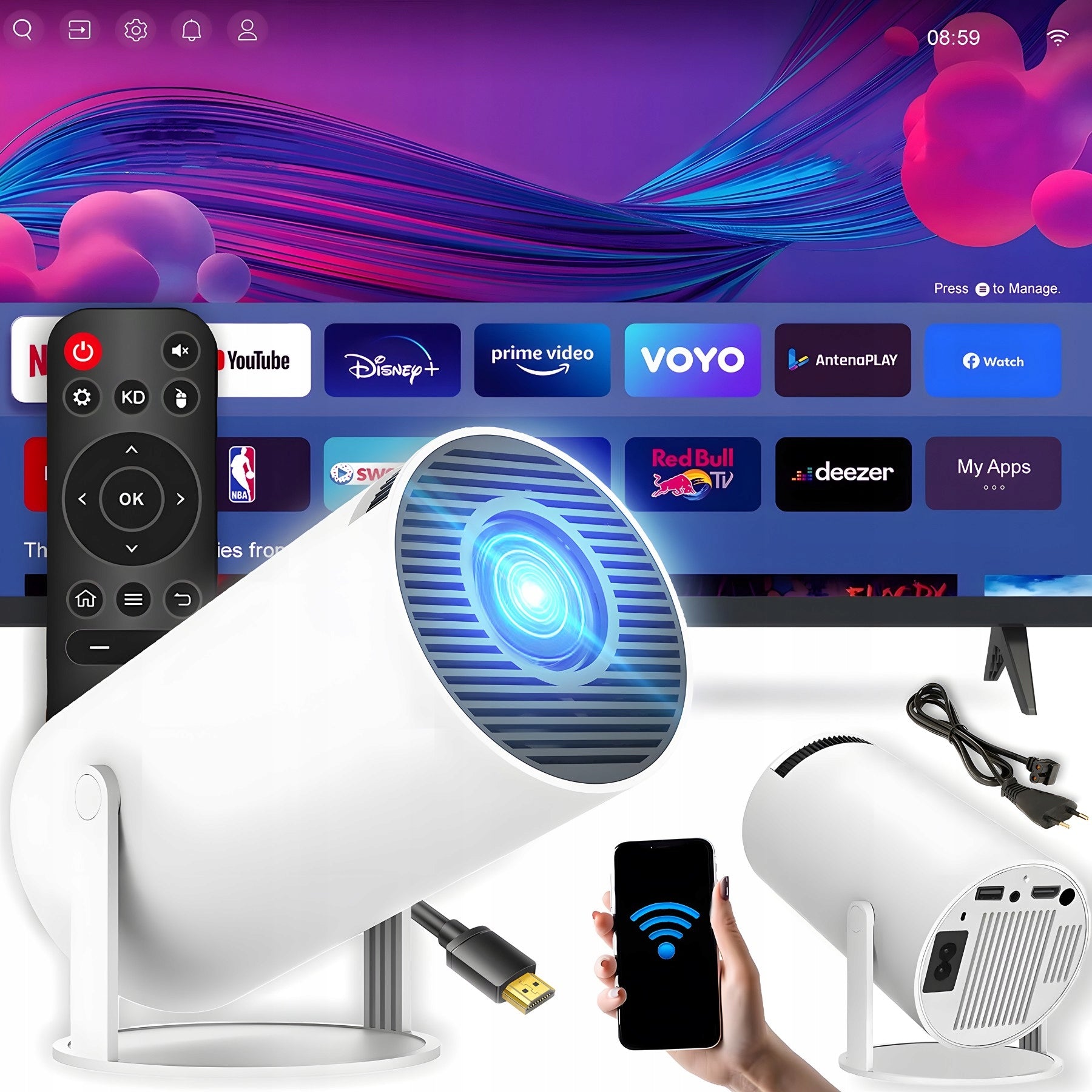 PROJECTOR ANDROID TV WIFI FULL HD PORTABLE SMART ROTARY SPEAKER