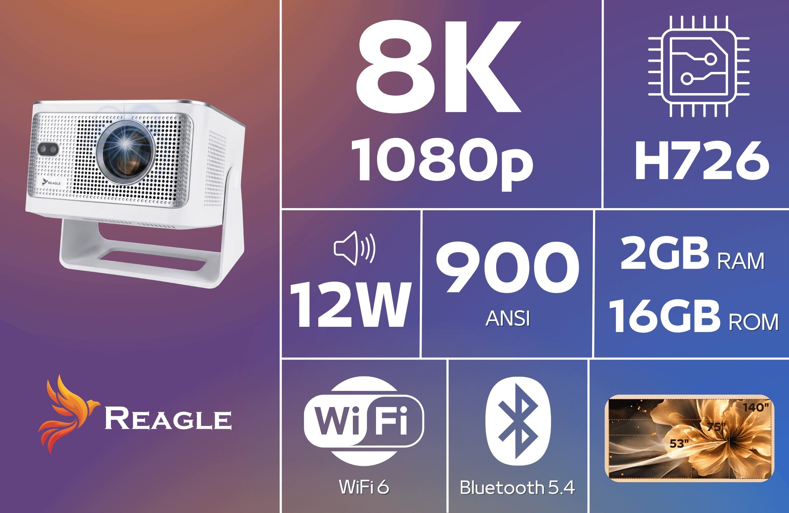 PROJECTOR LED PROJECTOR 900 ANSI 8K 4K 140" ANDROID 14 SMART TV WIFI 6 HDR10 Packaging status original