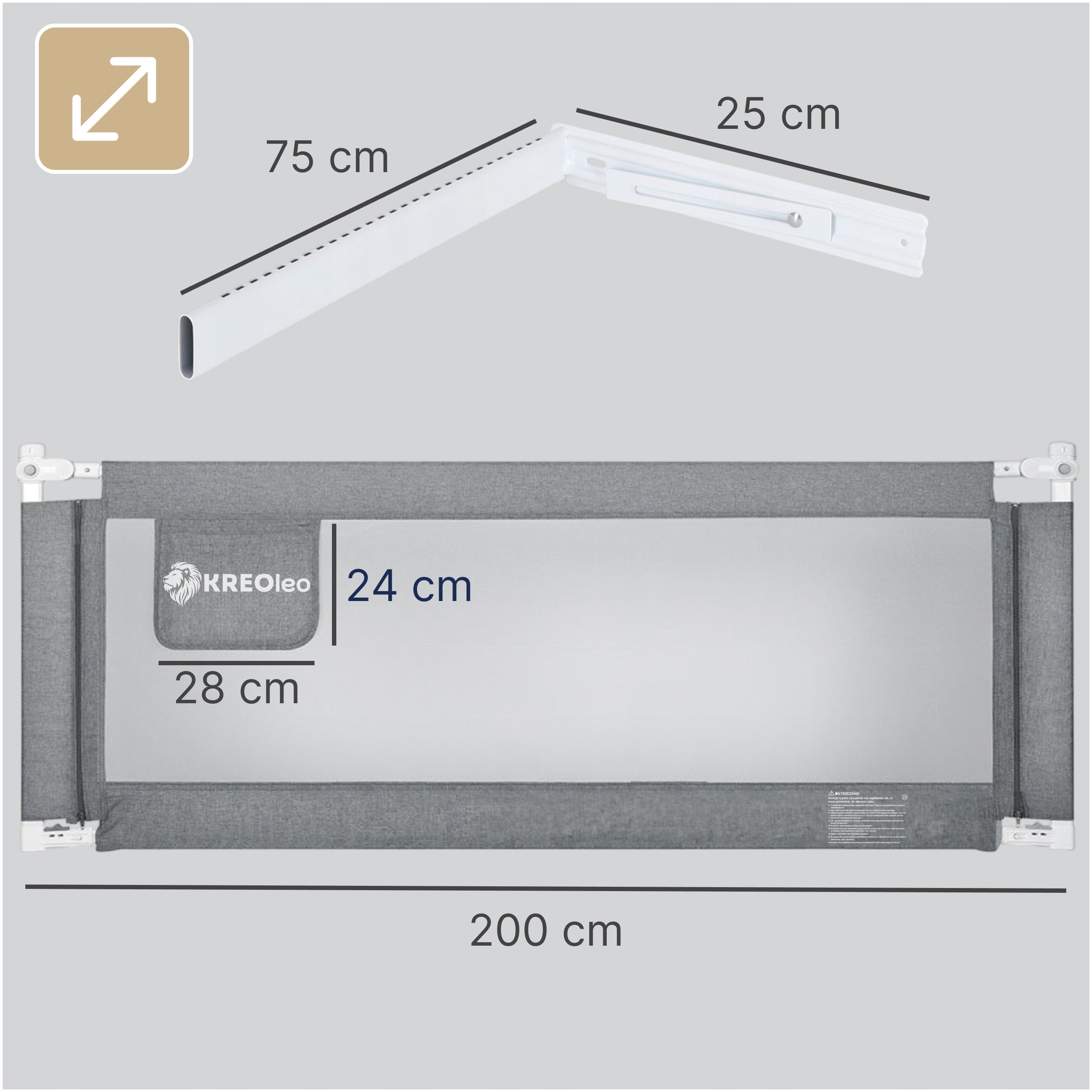 PROTECTIVE BED BARRIER FOLDING GREY FOR CHILDREN HIGH KREOleo 200x70 Packaging status original