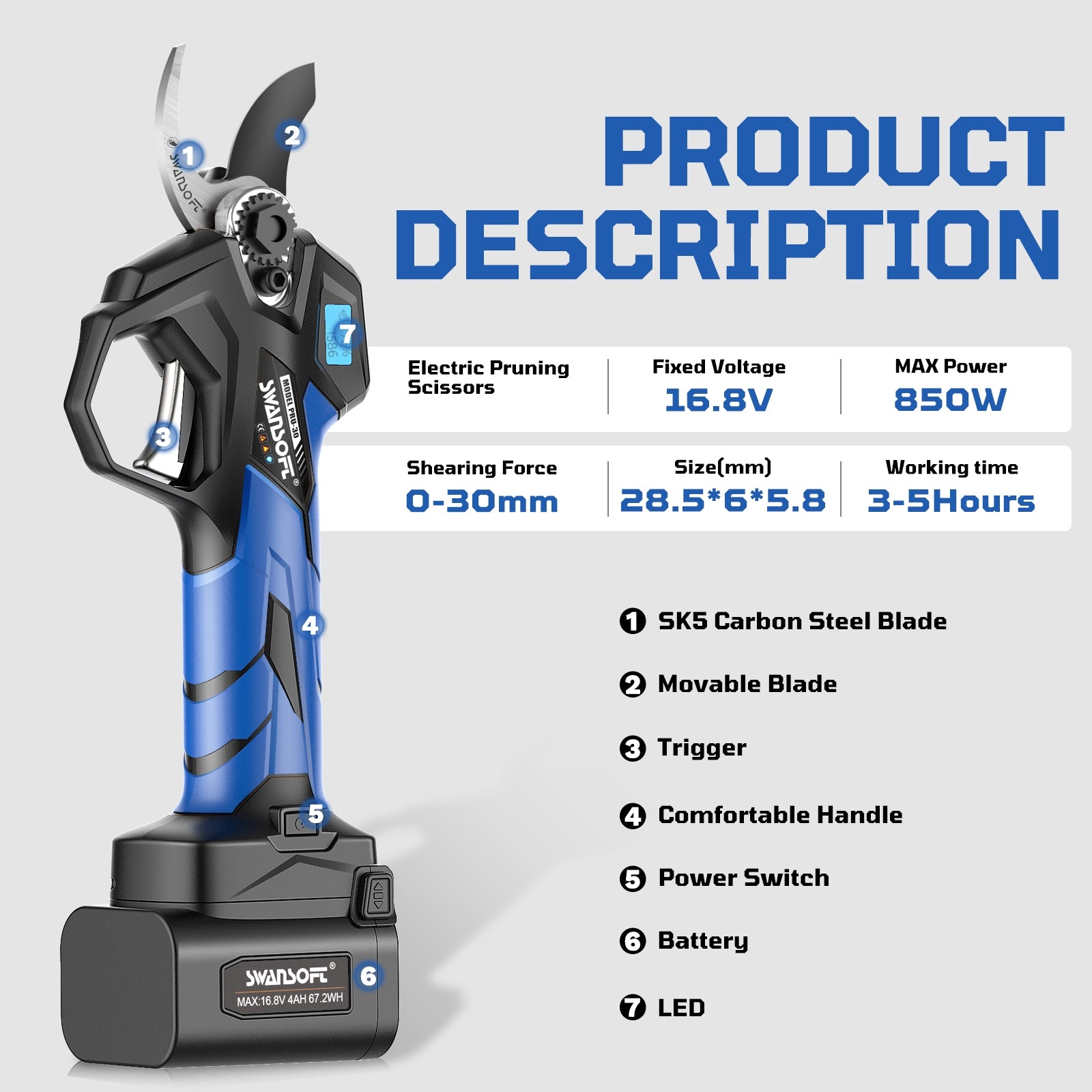 PRU30 Electric Pruning Shear with progressive cut, garden battery secateur Power supply battery operated