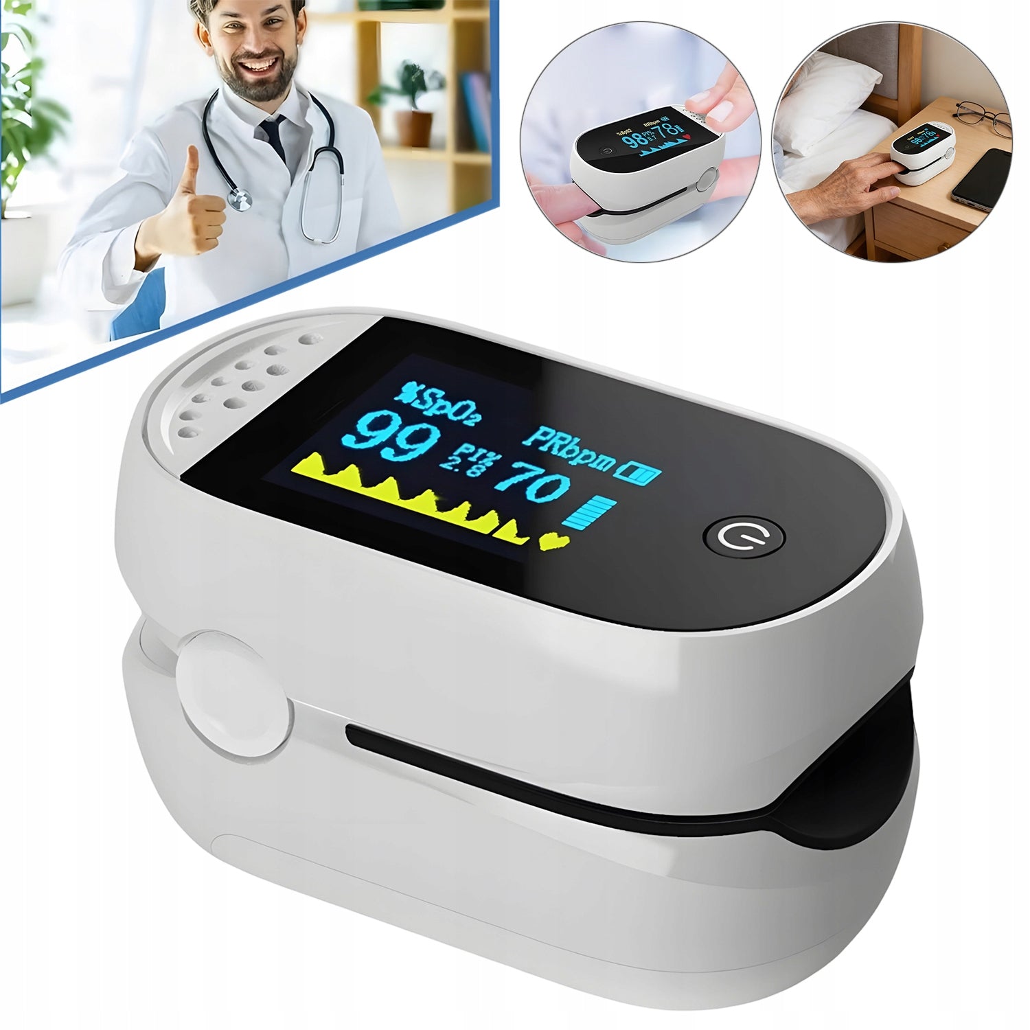 PULSE OXIMETER AT THE TIPS OF FINGERS, MEASURES OXYGEN SATURATION, HEART RATE AND HEART RATE MONITOR