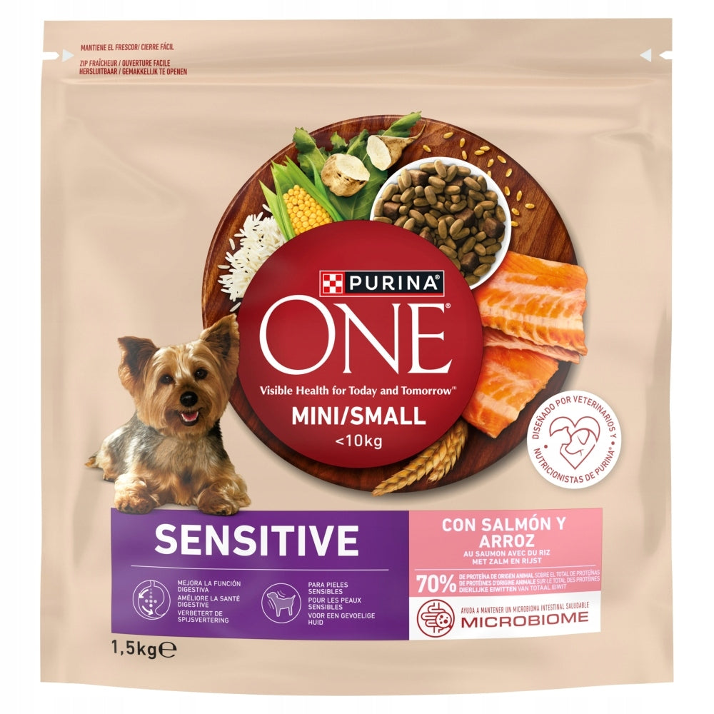 PURINA ONE SENSITIVE MINI DOG FOOD - RICH IN SALMON AND RICE, 1,5 KG