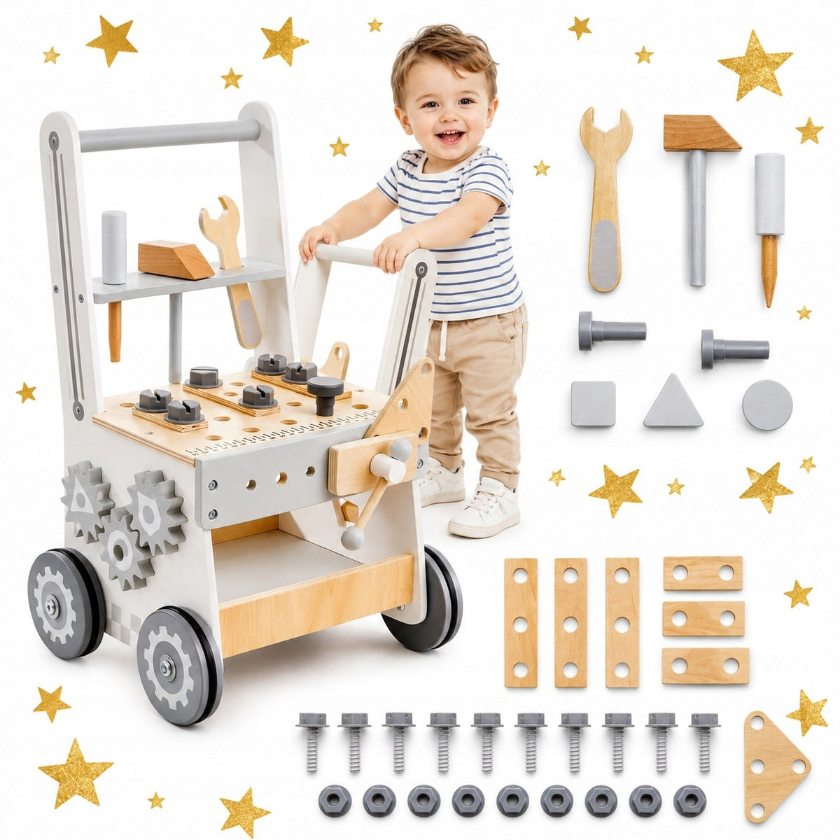 PUSHER WALKER WOODEN WORKSHOP FOR CHILDREN 3IN1 SENSORY TROLLEY