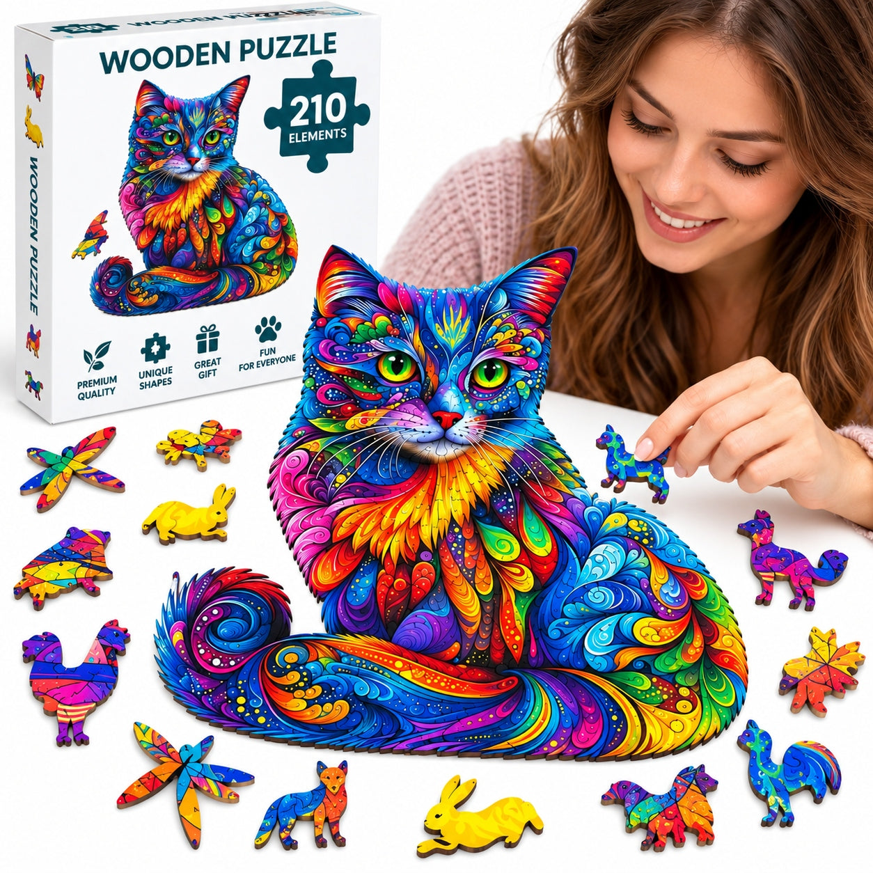 PUZZLE WOODEN RAINBOW CAT 210 EL A3 UNIQUE ANIMAL SHAPES GIFT