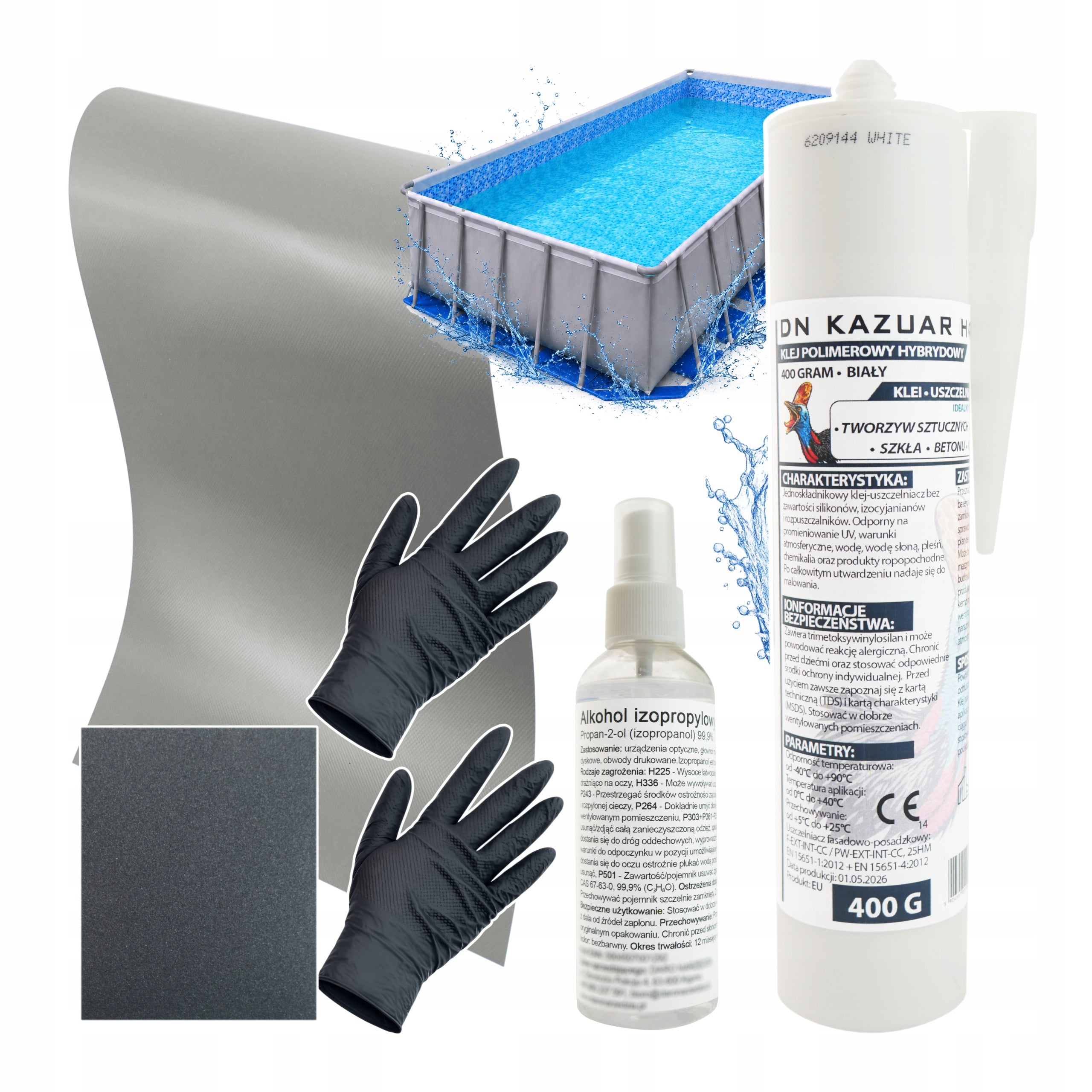 PVC Pool Adhesive 400g Large Grey Patch 50x27cm Pool Repair Kit