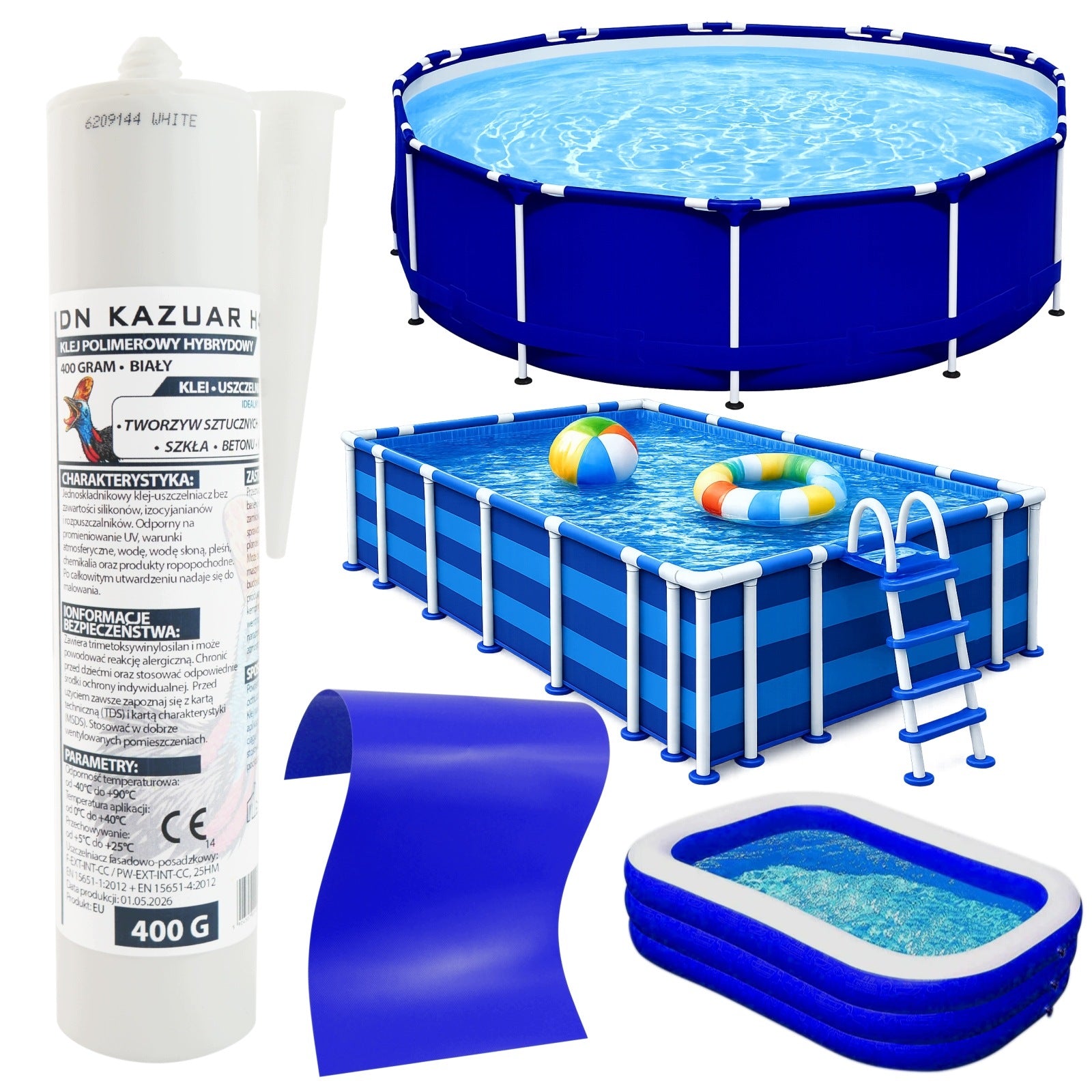 PVC Pool Repair Kit Glue 400g Navy Blue Patch 50x27cm Underwater Manufacturer code Naprawa basenu PVC klej 400g granatowa łata