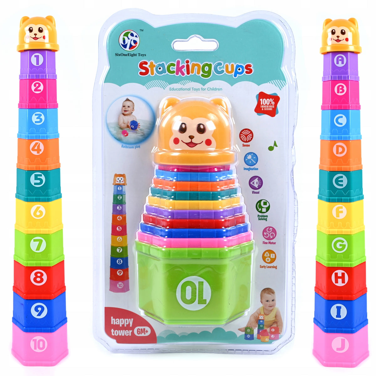PYRAMID OF CUPS, COLORFUL TOWER, EDUCATIONAL PUZZLE, BEAR TOY