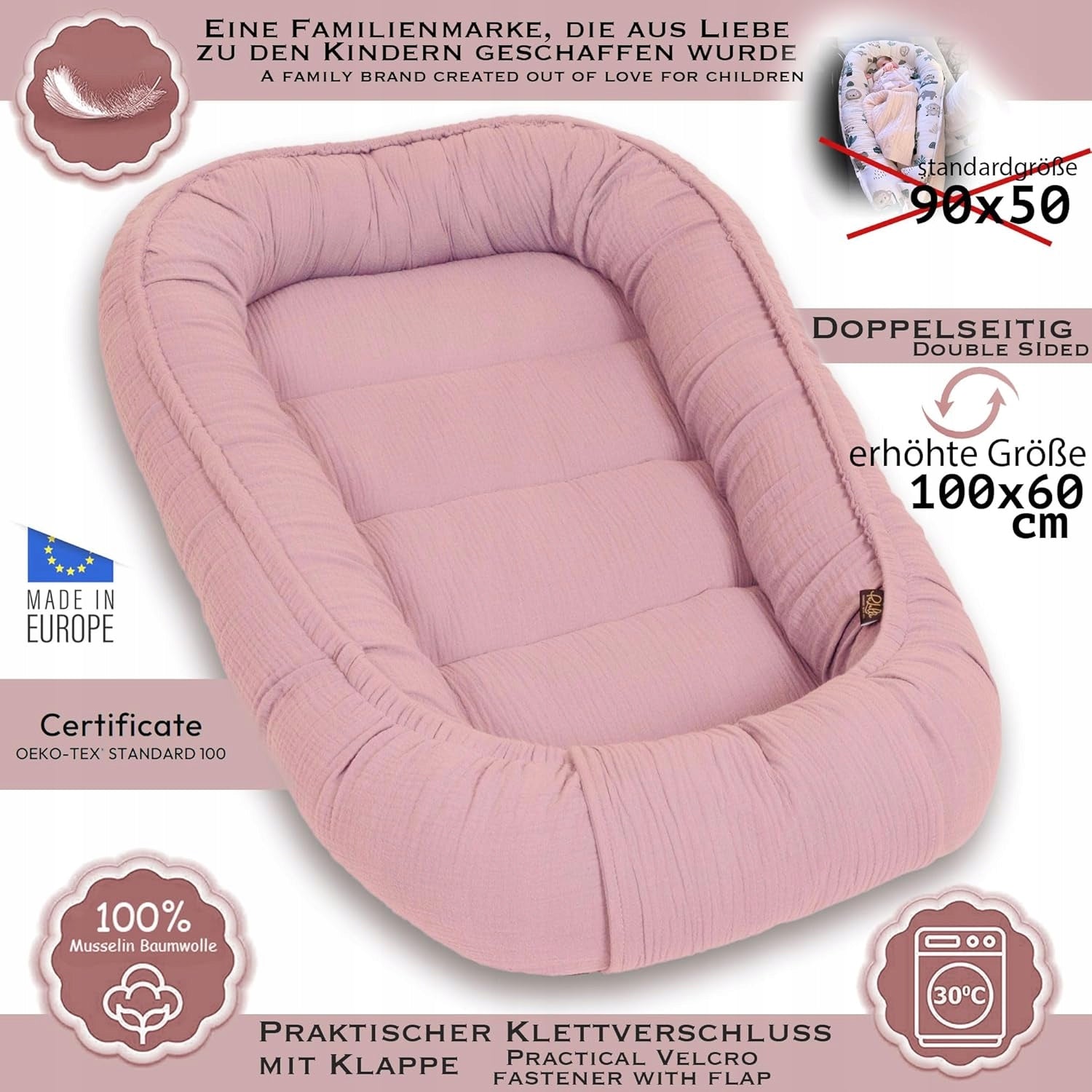 Palulli muslin baby cocoon LONG 100x60cm + cotton insert 100% Manufacturer code muslin2elementyróż