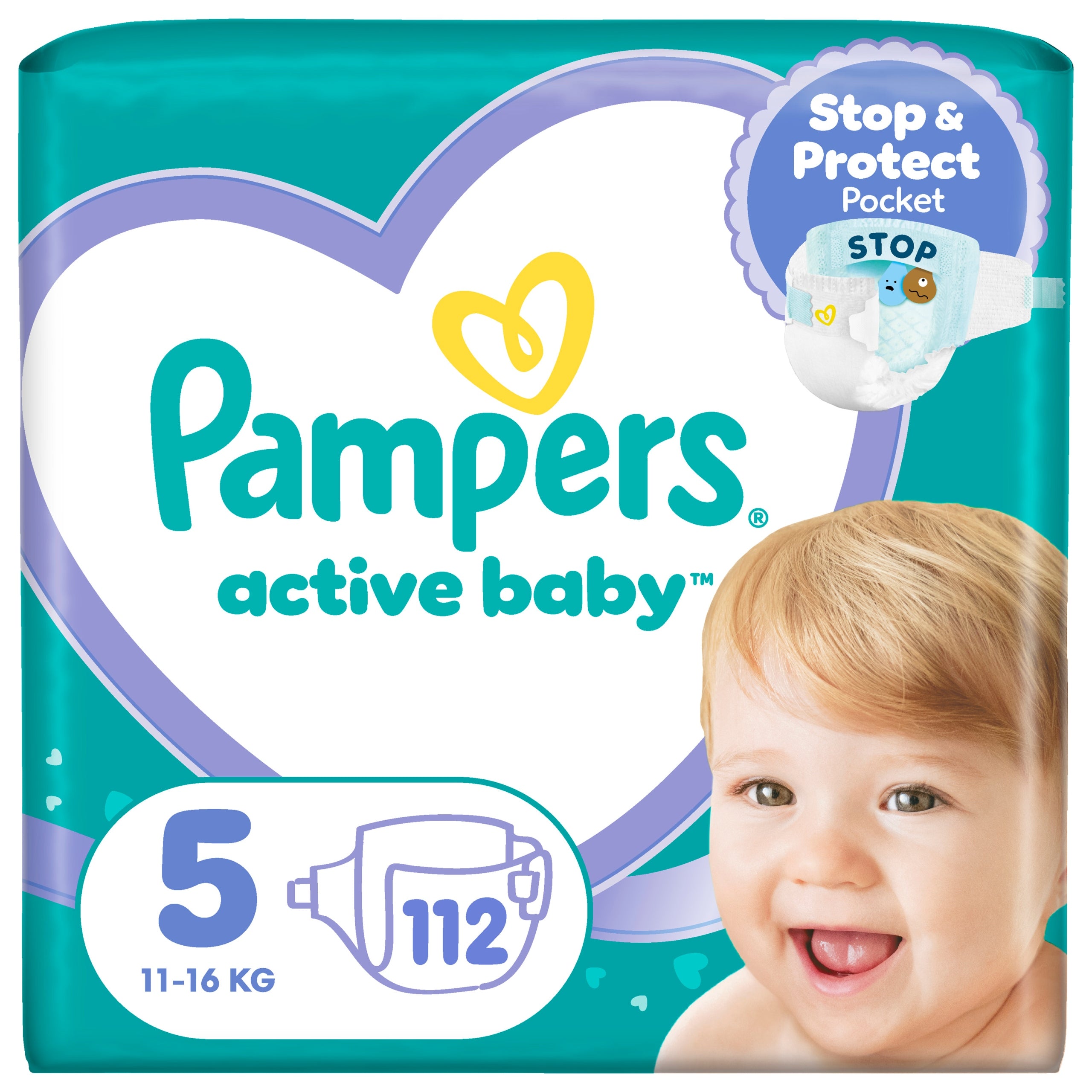 Pampers Active Baby Diapers Size 5, 112 Diapers, 11-16kg