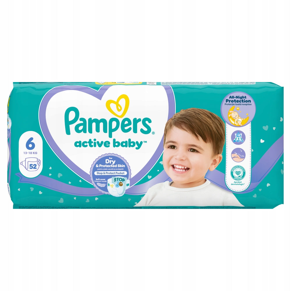 Pampers Active Baby Diapers Size 6, 52 Pack, 13-18kg Diapers type disposable