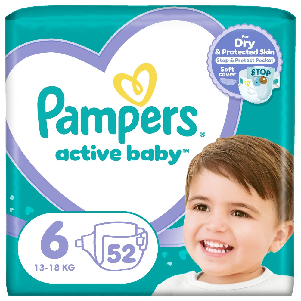 Pampers Active Baby Diapers Size 6, 52 Pack, 13-18kg