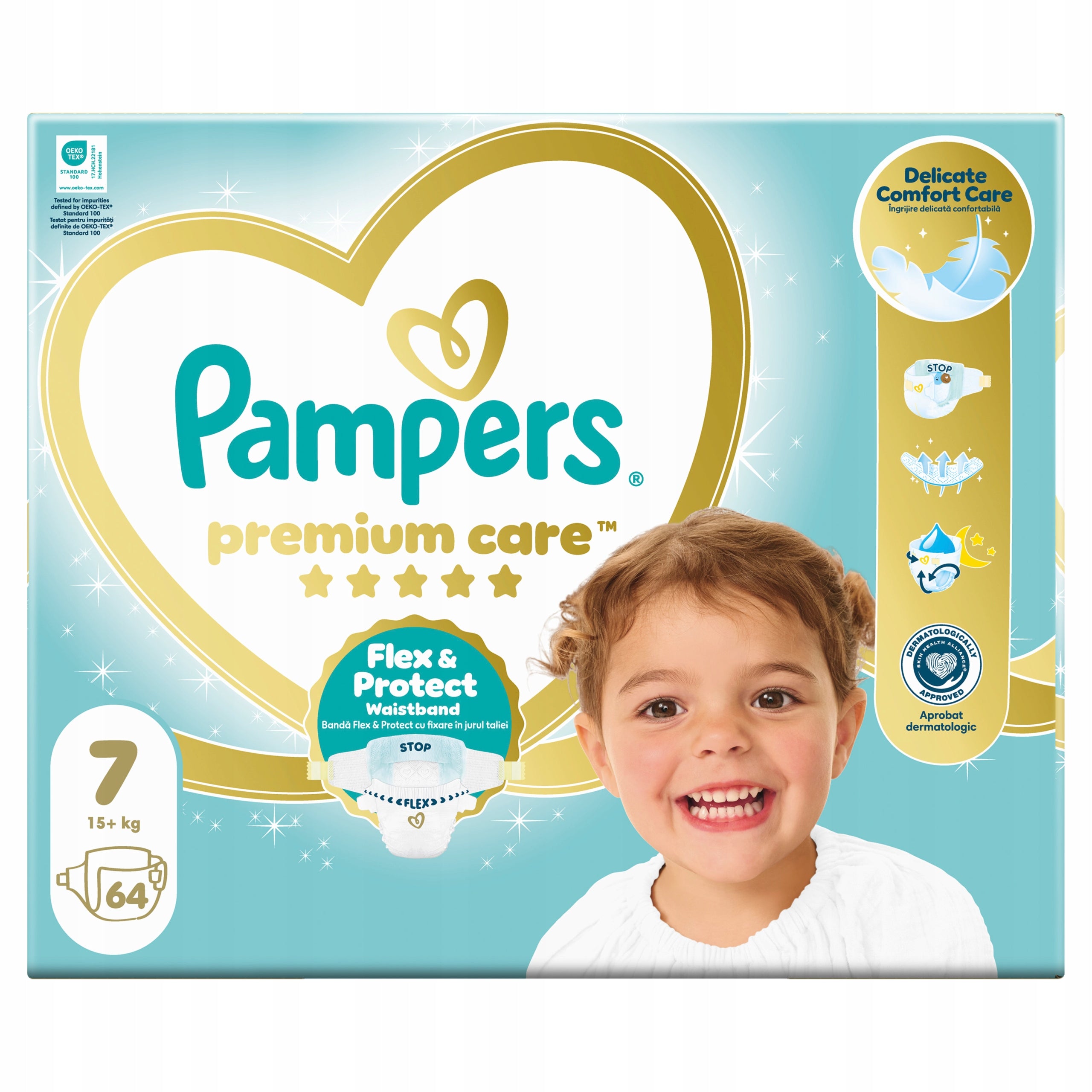 Pampers Premium Care Diapers Size 7, 64 Diapers, 15kg+ Packaging status original
