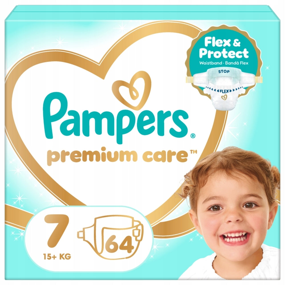Pampers Premium Care Diapers Size 7, 64 Diapers, 15kg+