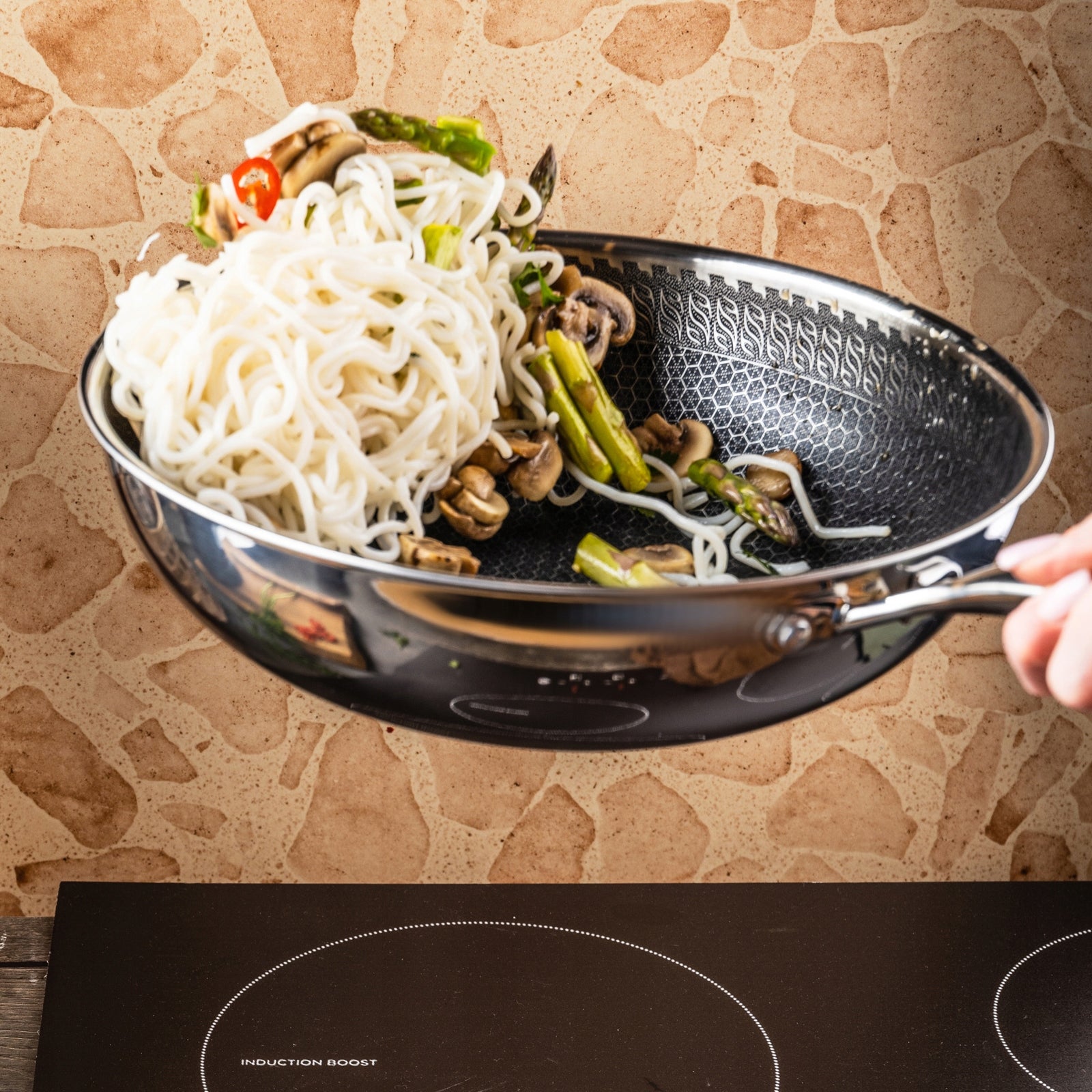 Pan 28 Wok Honeycomb 3 Layer Steel 304 Induction PFOA Free Packaging status original