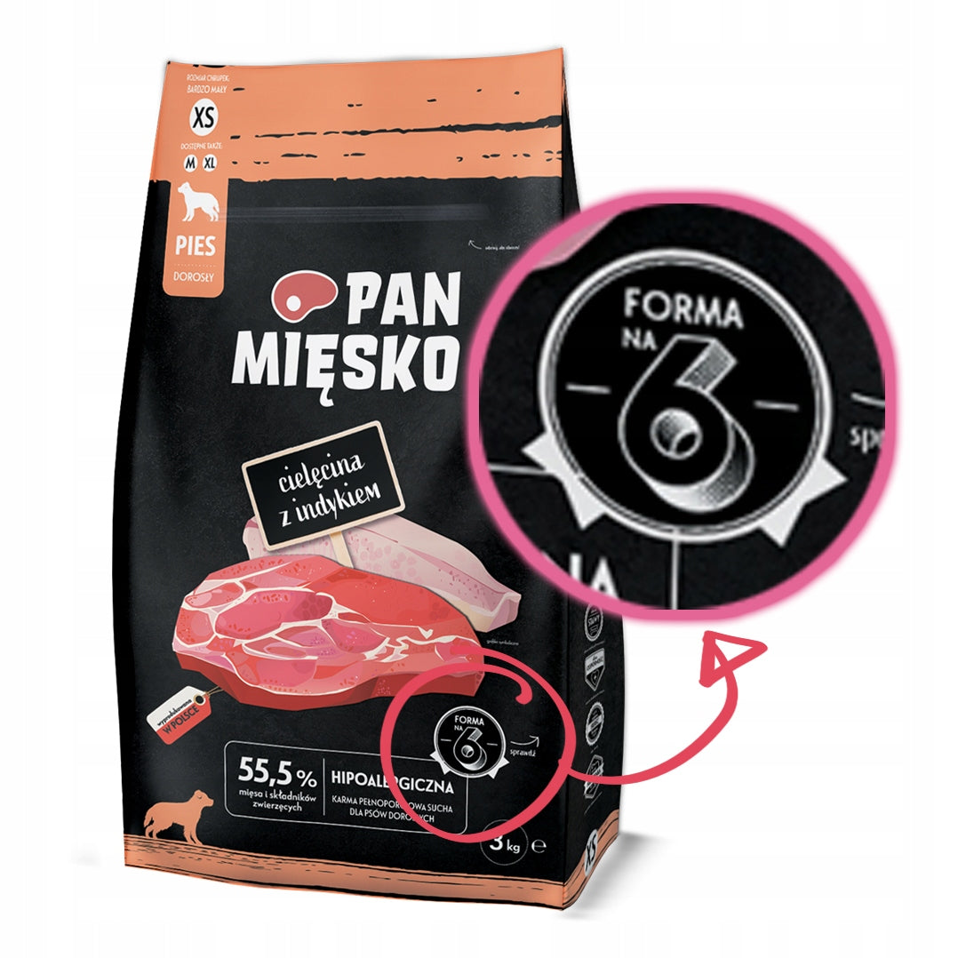 Pan Mięsko 3kg Veal with Turkey XS Dry Food for Small Dogs Packaging status original