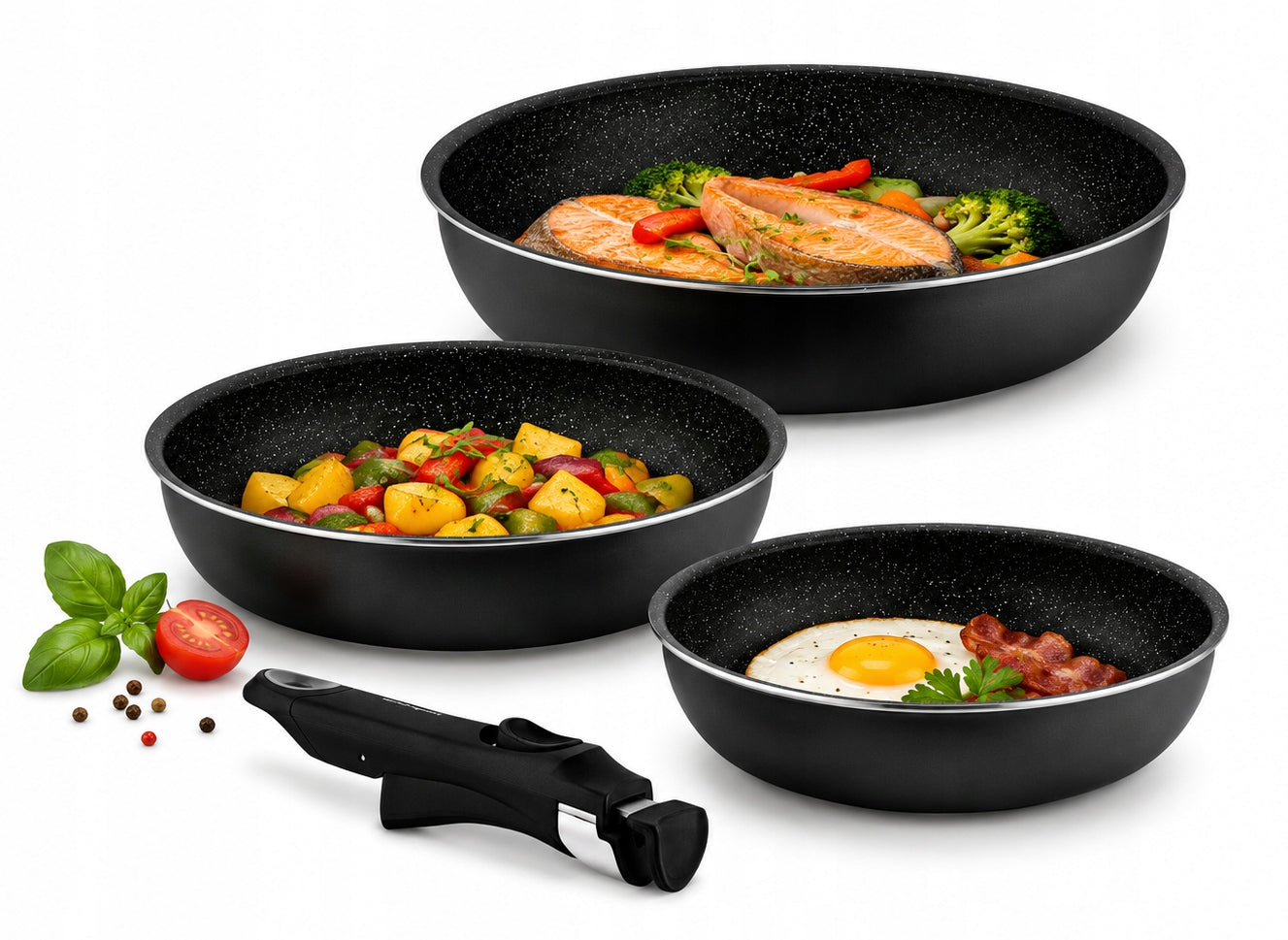 Pan Set 3 x Pan with Detachable Handle 20/24/28cm Marbled Gas